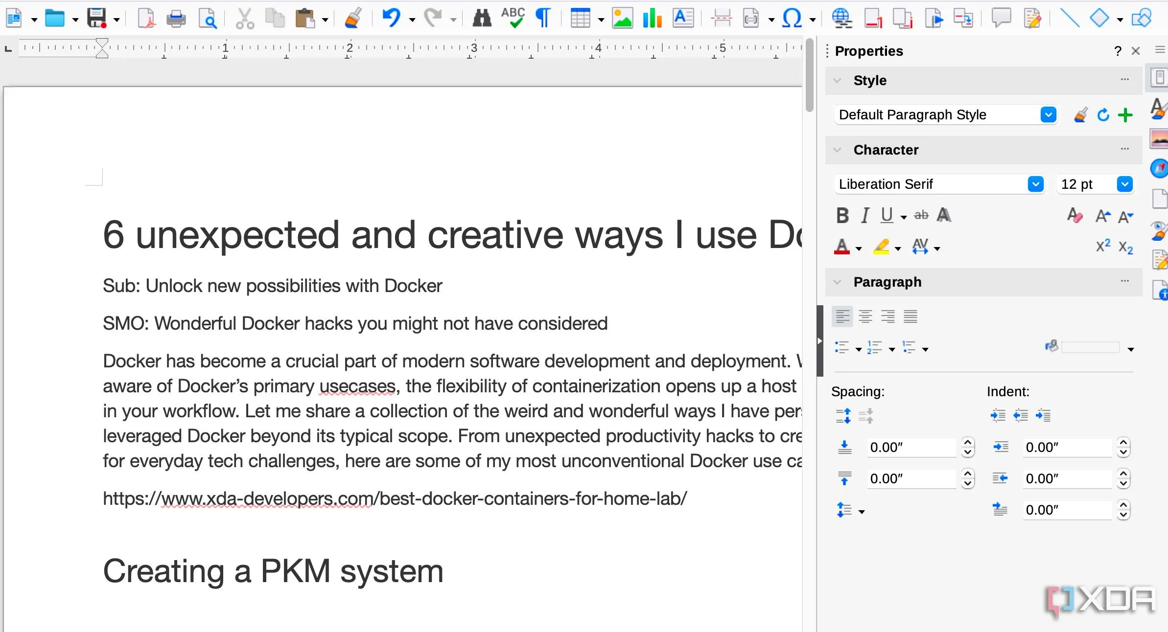 Giao diện LibreOffice Writer, minh họa khả năng chạy bộ ứng dụng văn phòng trong Docker