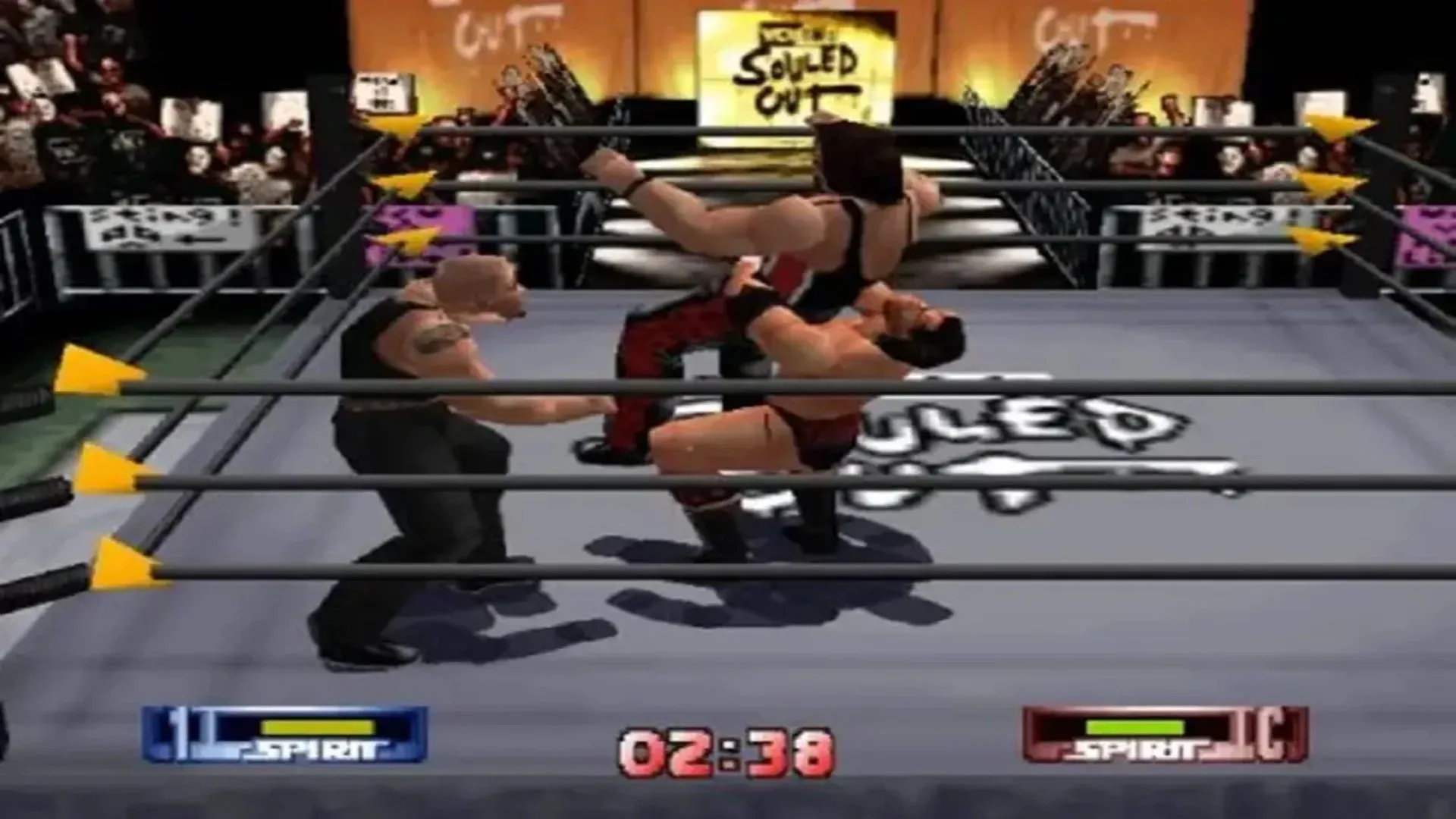 Giao diện màn hình chiến đấu của game WCW/nWo Revenge trên Nintendo 64 với các võ sĩ huyền thoại
