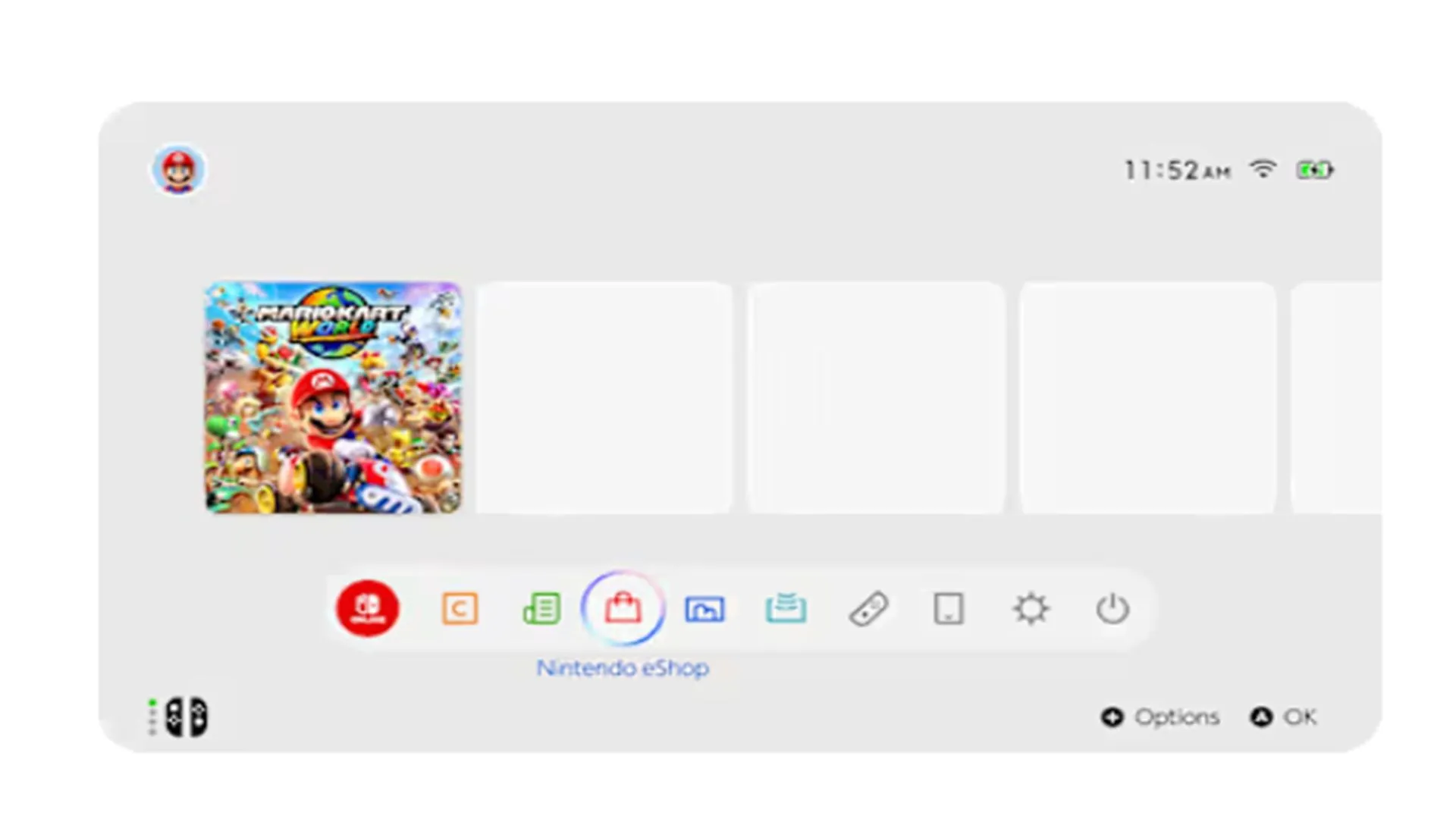 Giao diện màn hình chính của Nintendo Switch 2 trông quen thuộc, không có nhiều khác biệt so với bản gốc.