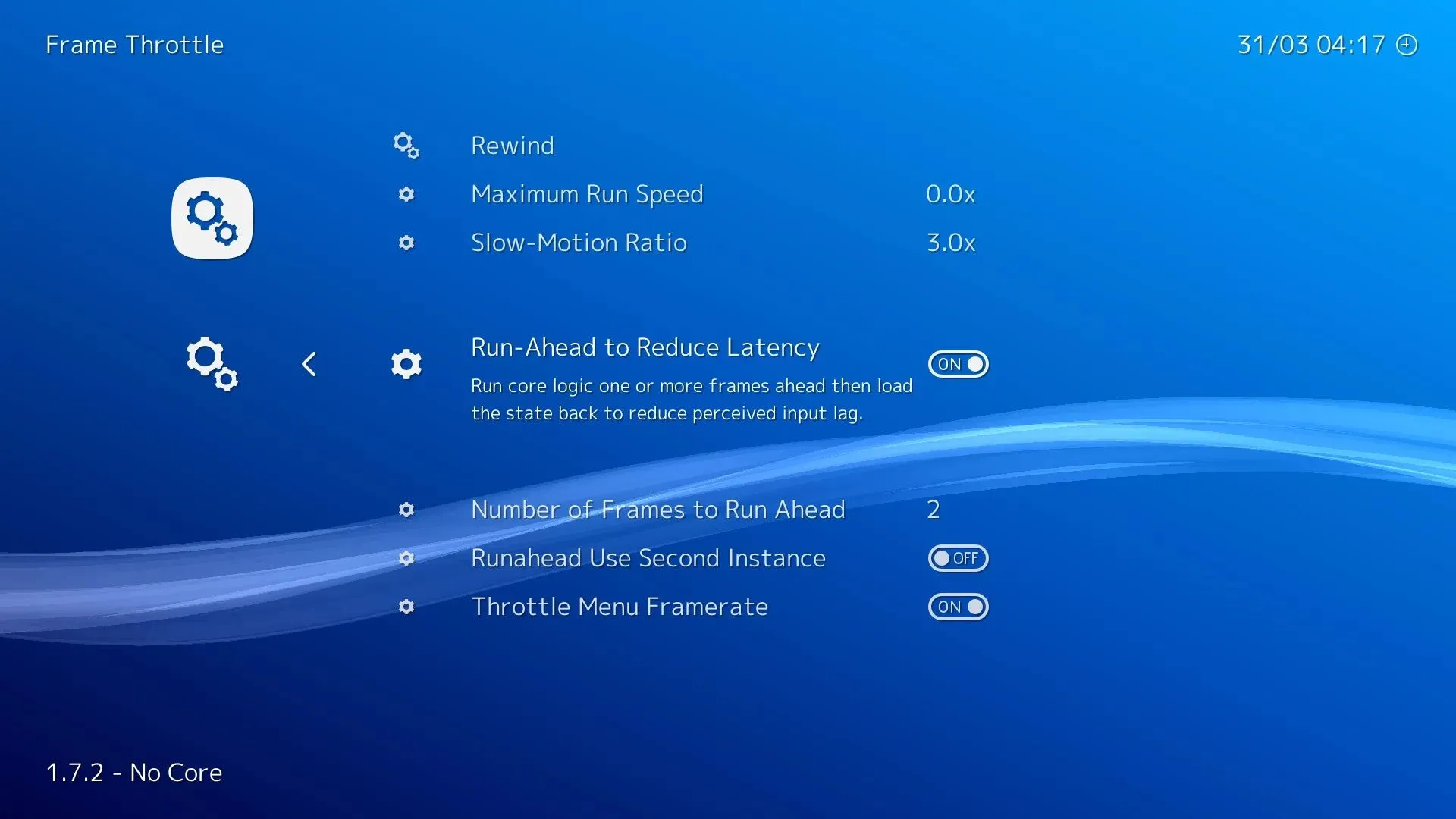 Giao diện menu cài đặt tính năng Run Ahead trong RetroArch, hiển thị tùy chọn điều chỉnh độ trễ khung hình.