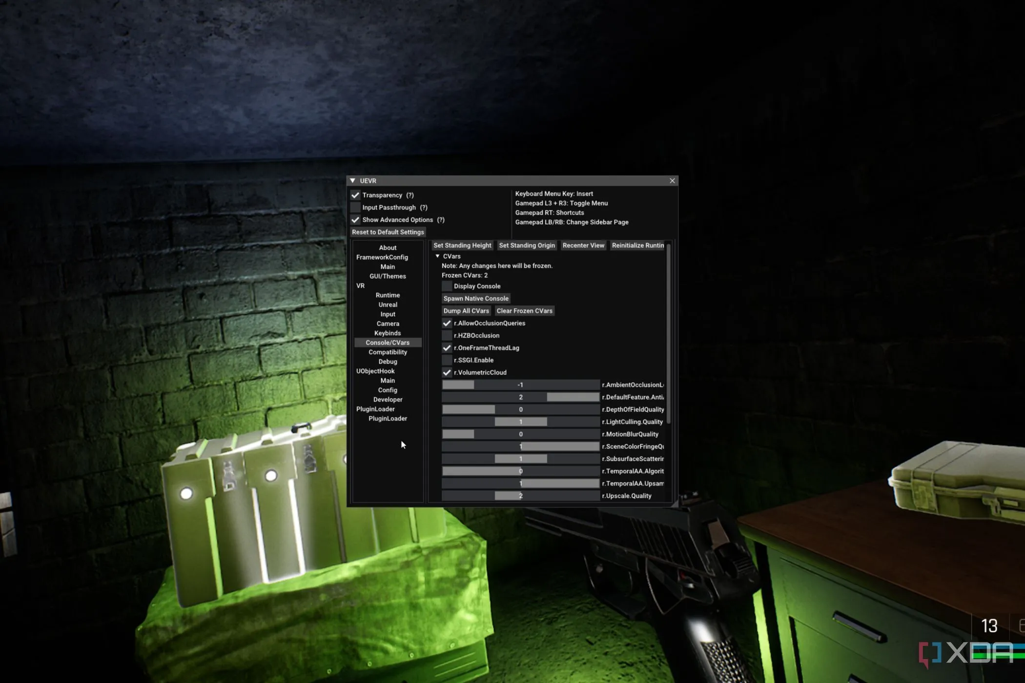 Giao diện menu của UEVR Injector đang hoạt động trong Trepang2, cho phép tùy chỉnh các cài đặt để chơi game ở chế độ thực tế ảo.