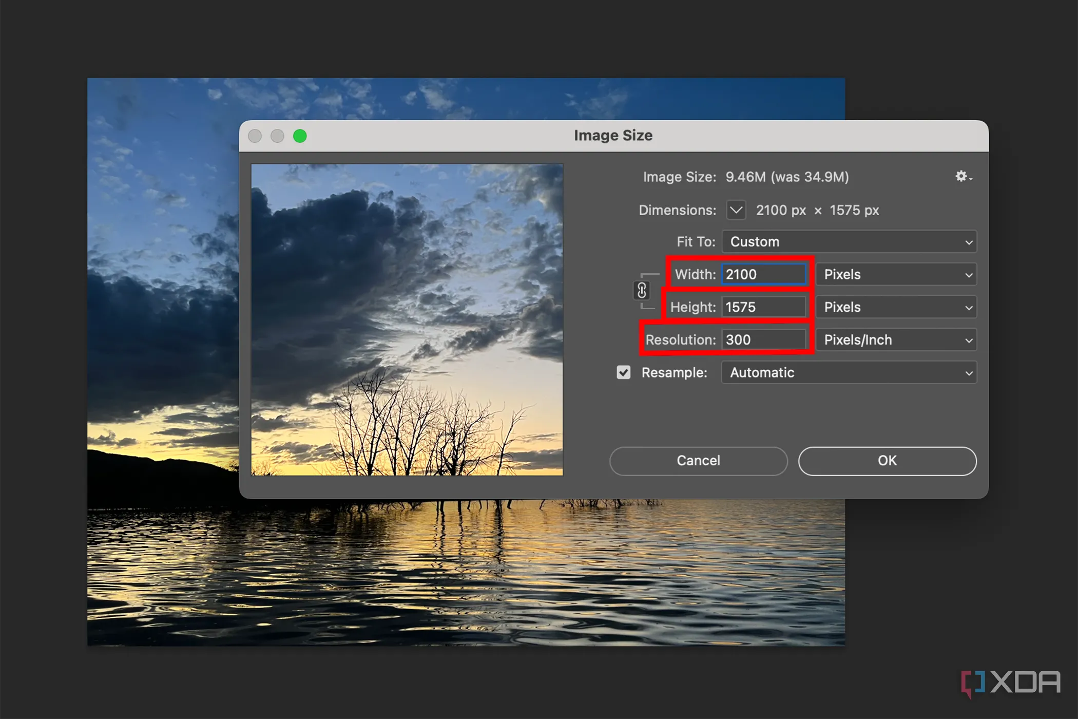 Giao diện menu 'Image Size' trong Photoshop, làm nổi bật các tùy chọn chiều cao, chiều rộng và độ phân giải, minh họa cách điều chỉnh các thông số này