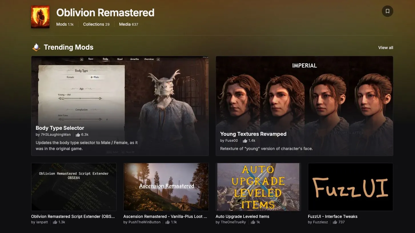Giao diện Nexus Mods hiển thị các mod phổ biến cho Oblivion Remastered, bao gồm Ultimate Engine Tweaks