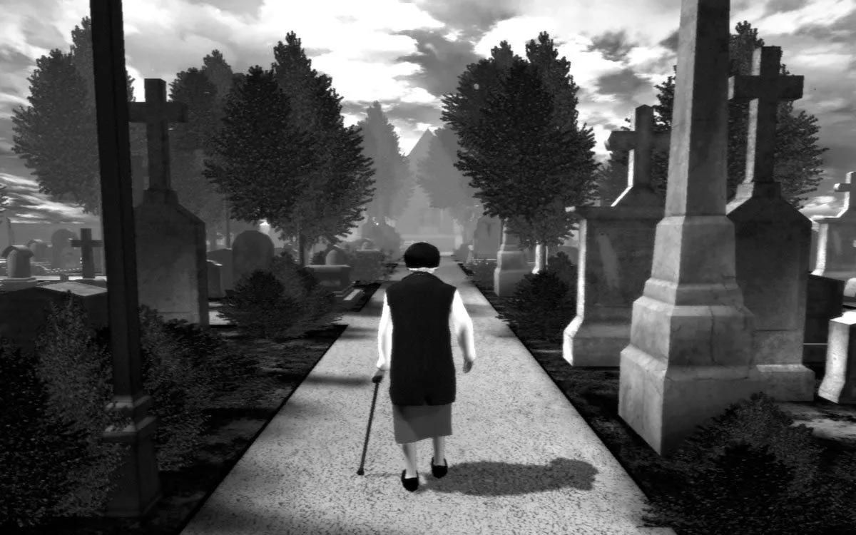 Giao diện người chơi trong The Graveyard, một trò chơi nghệ thuật tối giản trên Steam