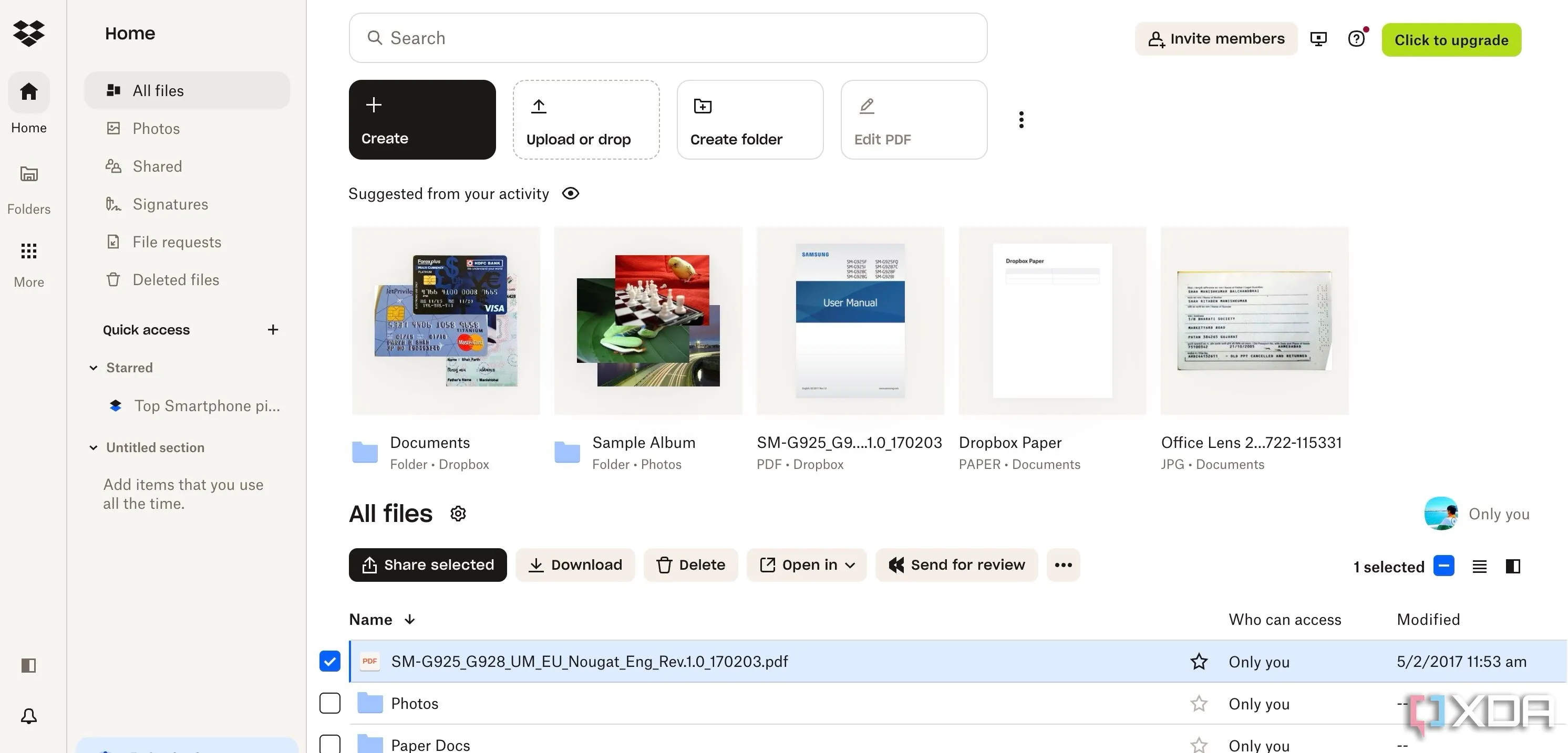 Giao diện người dùng của Dropbox hiển thị các tệp và thư mục