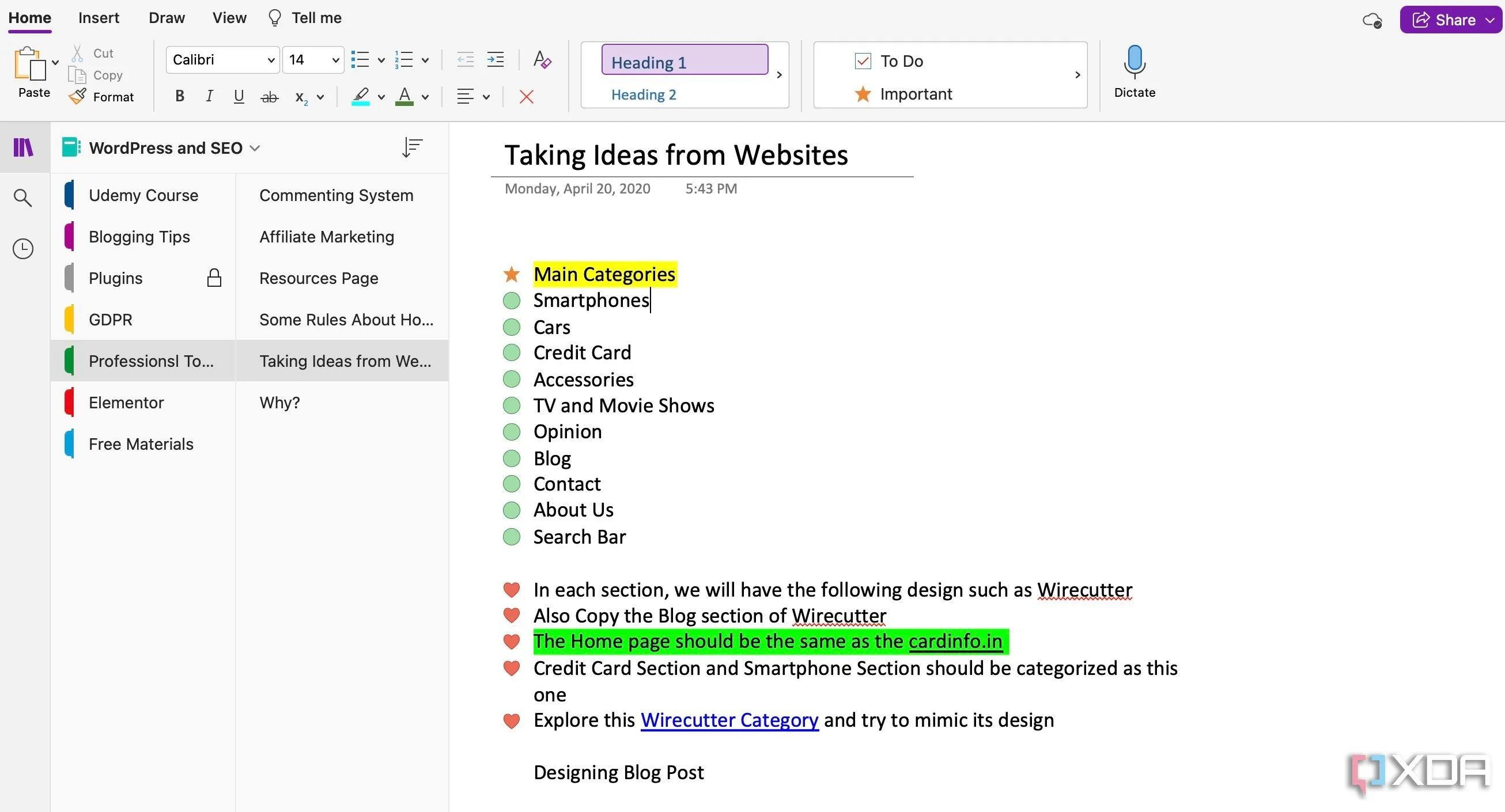 Giao diện người dùng OneNote với các hộp chứa nội dung (note containers) truyền thống, khác biệt so với block editor hiện đại
