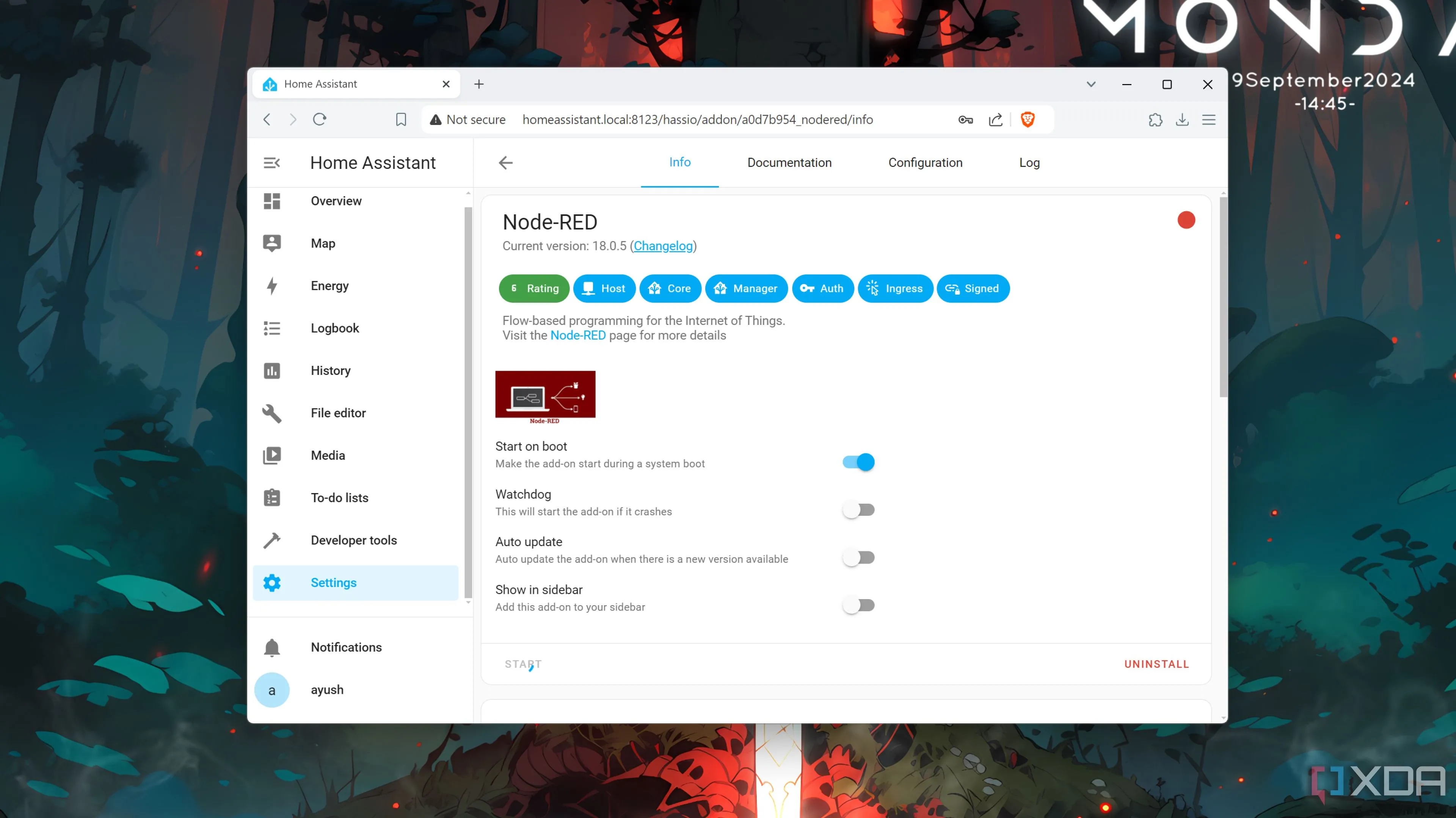 Giao diện Node-RED add-on đang chạy trong Home Assistant