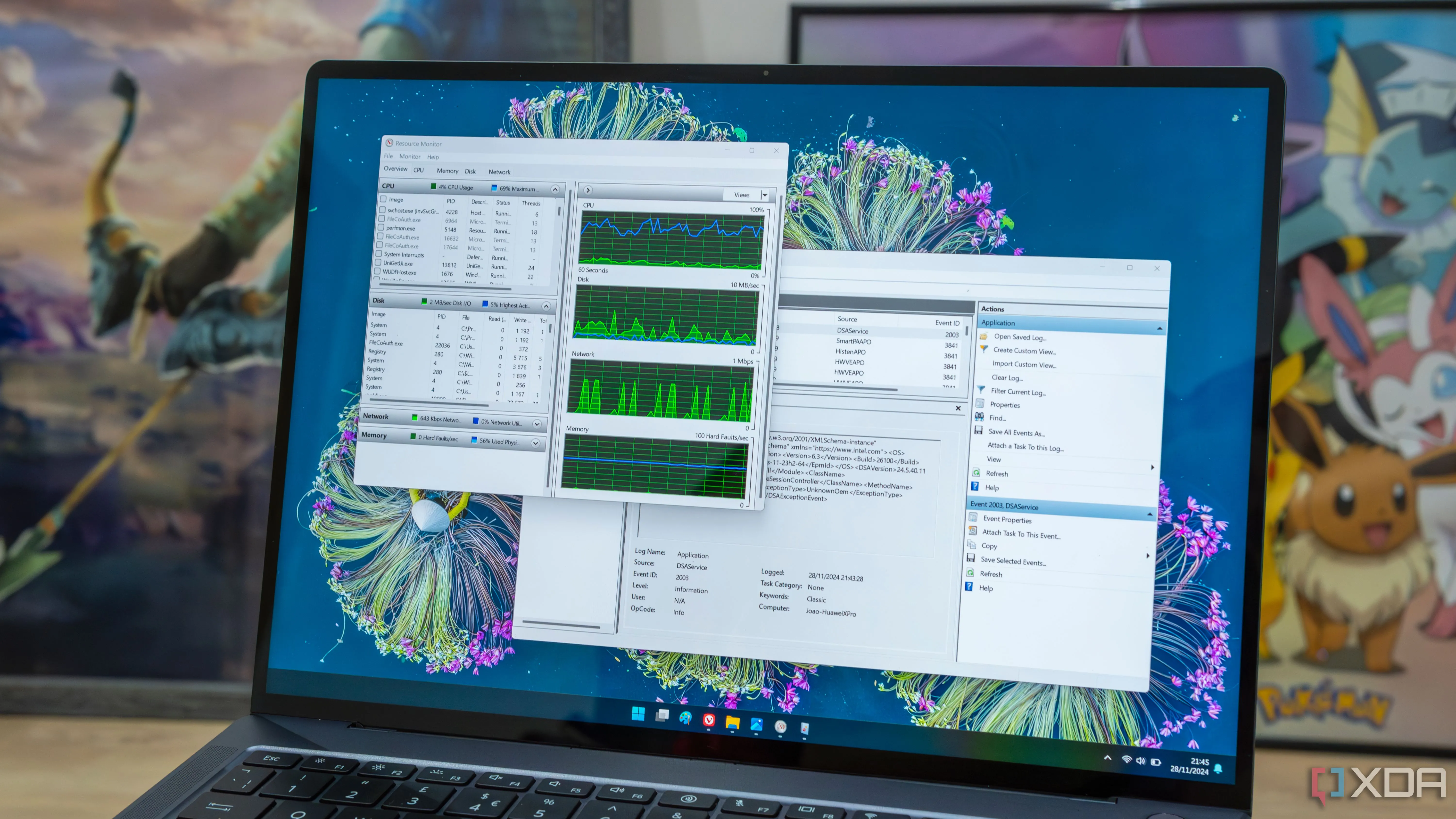 Giao diện Performance Monitor trên Windows 11 hiển thị các biểu đồ theo dõi hiệu năng hệ thống theo thời gian thực