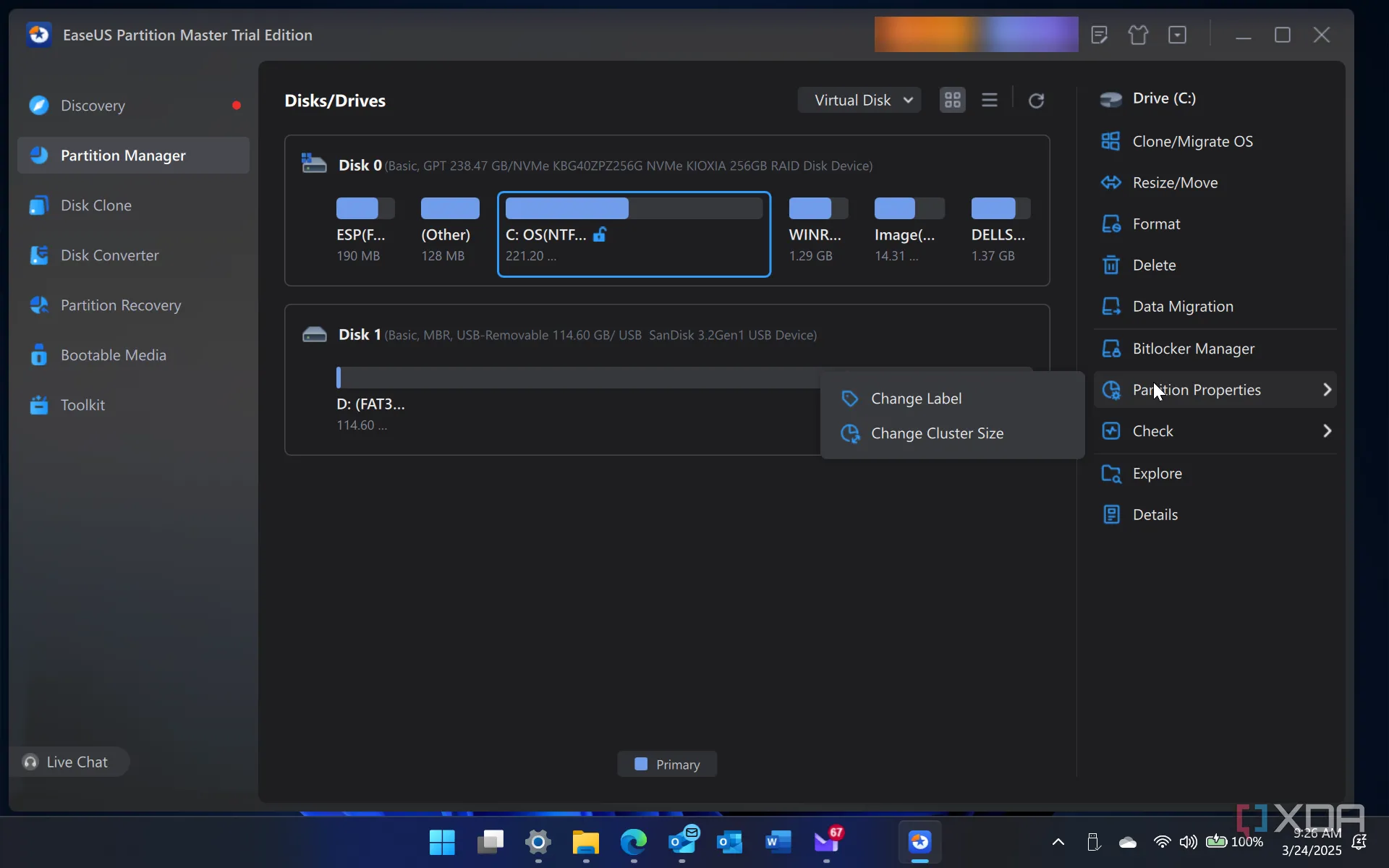 Giao diện phần mềm EaseUS Partition Master Free đang chạy trên hệ điều hành Windows 11.