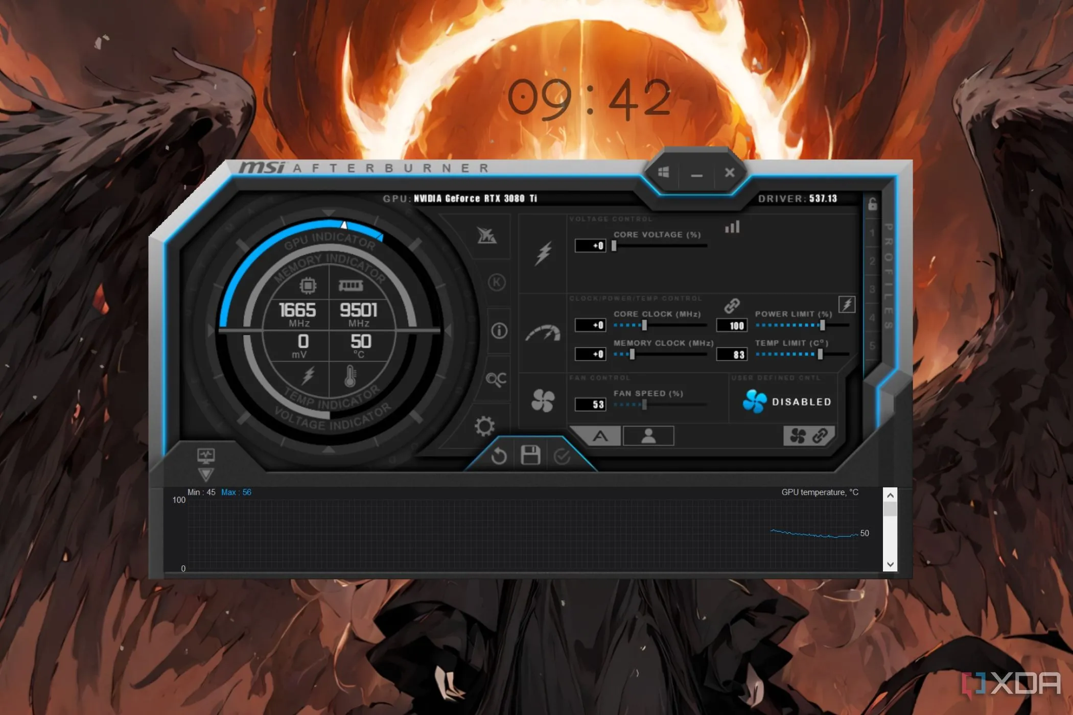 Giao diện phần mềm MSI Afterburner để tinh chỉnh GPU