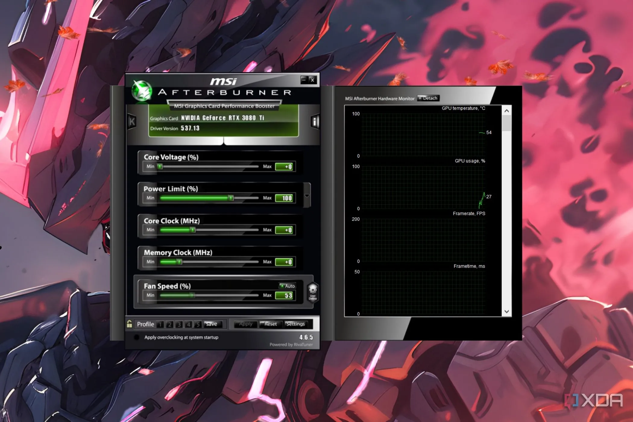 Giao diện phần mềm MSI Afterburner để tùy chỉnh đường cong quạt GPU