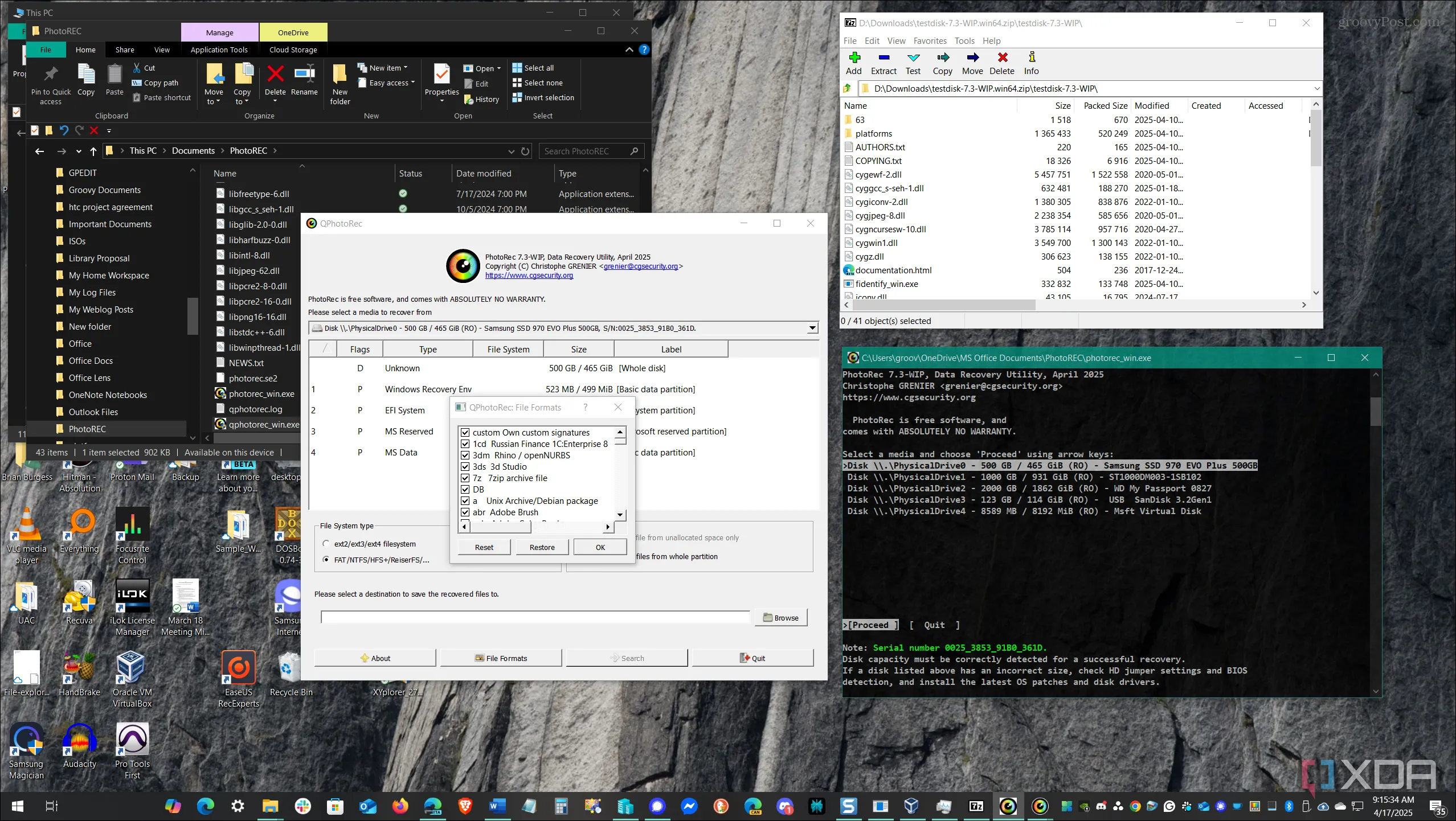 Giao diện phần mềm PhotoRec đang chạy trên Windows để phục hồi file