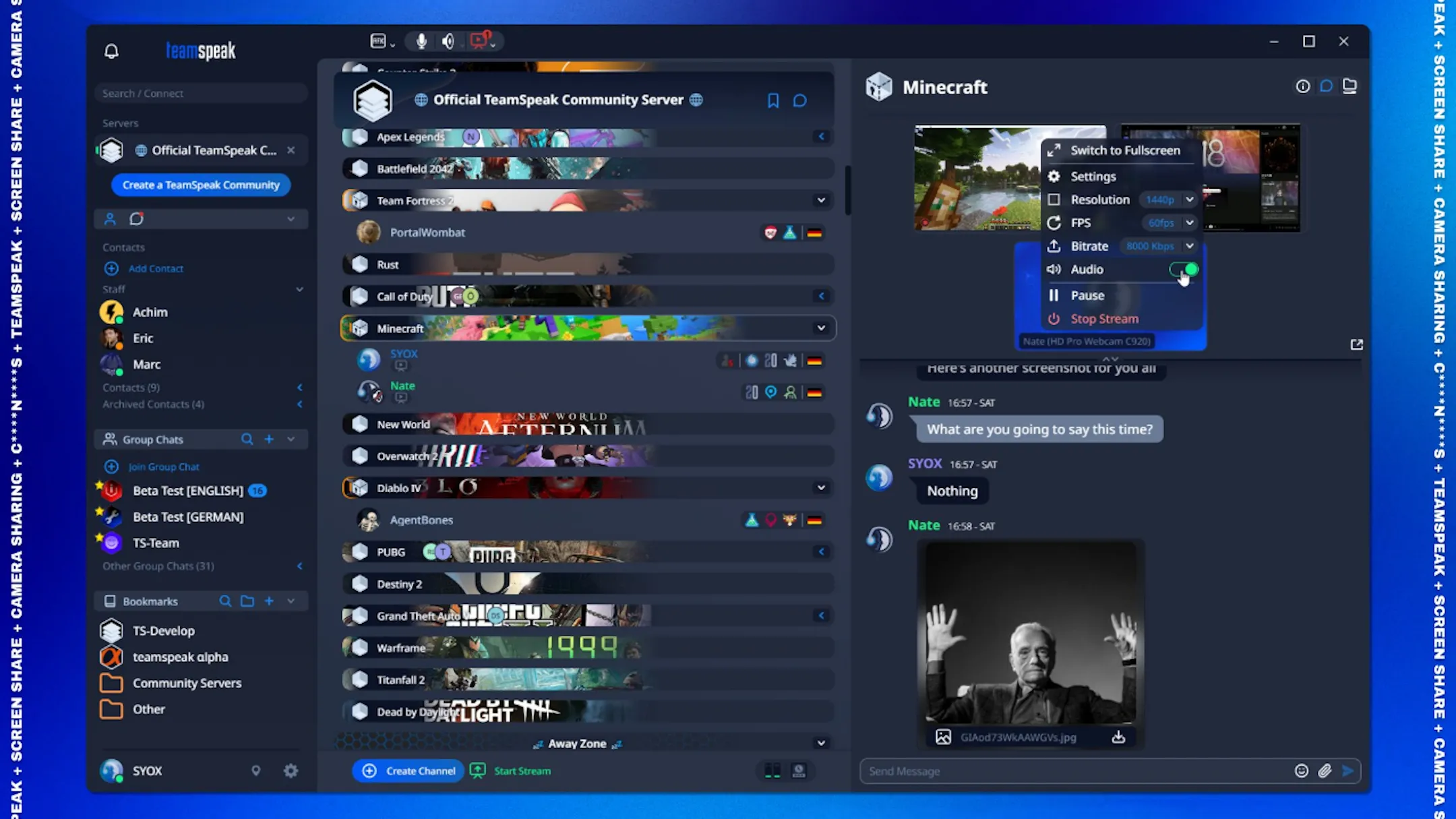 Giao diện phiên bản TeamSpeak v6 hiển thị các kênh chat và người dùng đang trực tuyến.