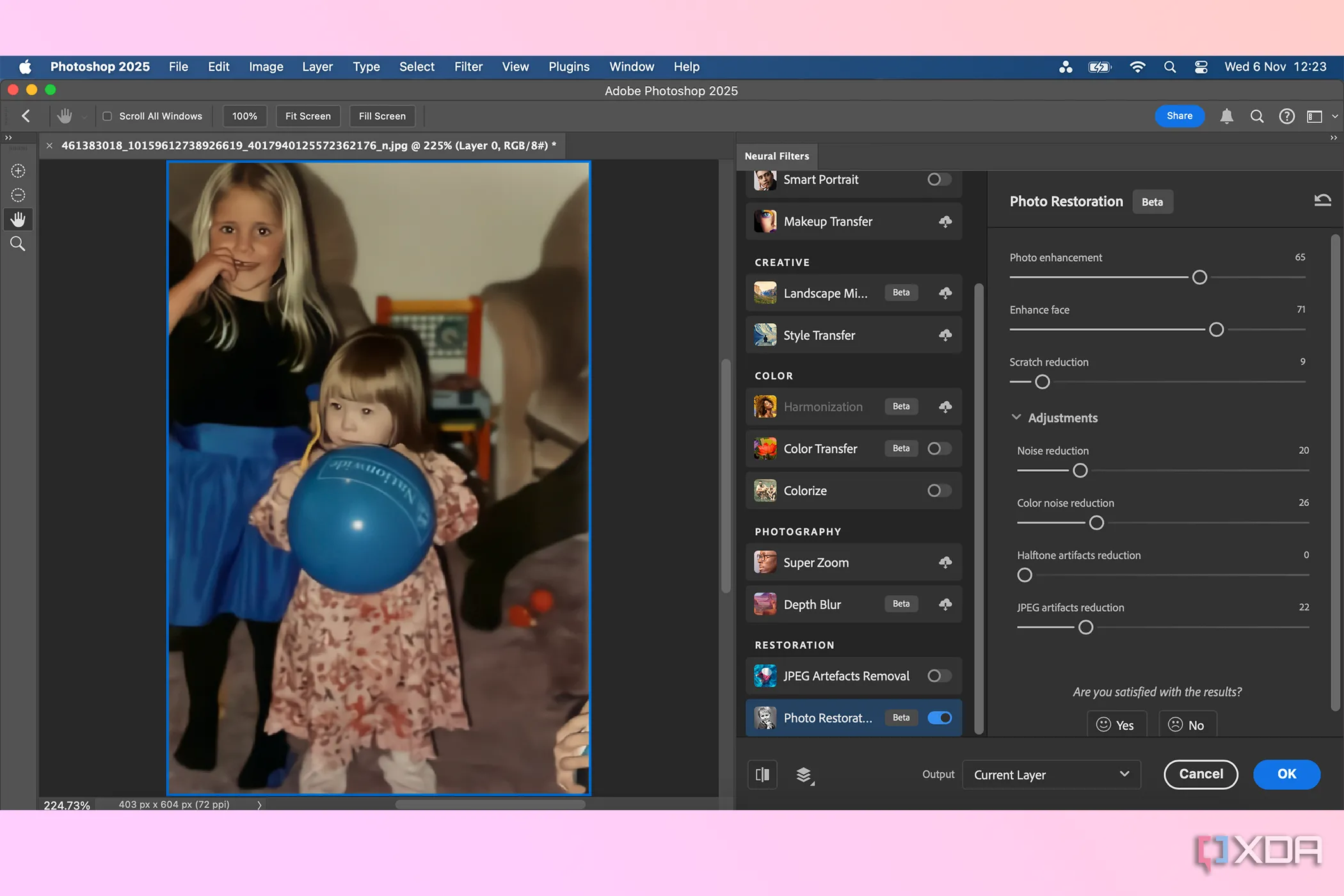 Giao diện Photoshop với công cụ phục hồi ảnh