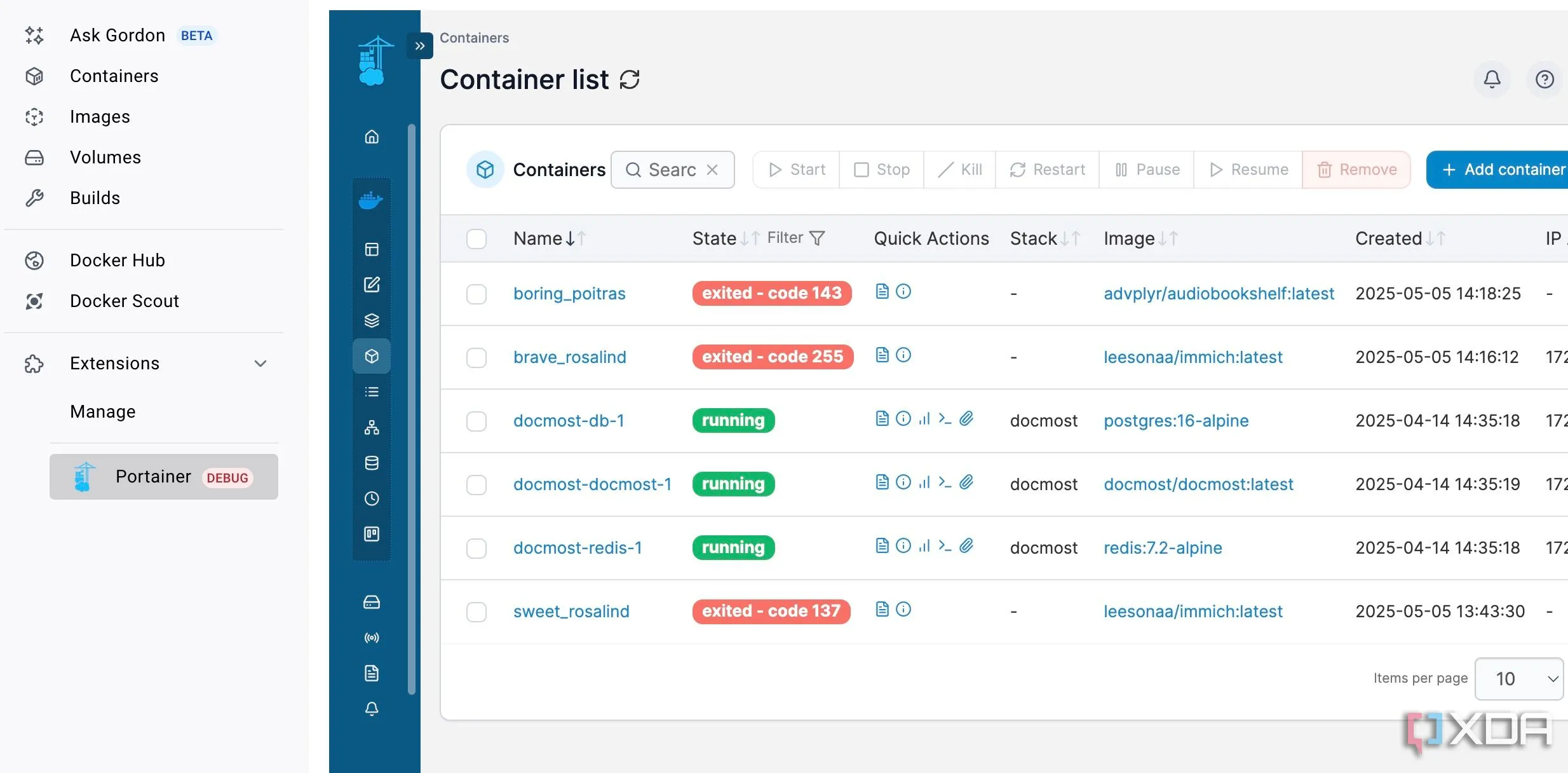 Giao diện Portainer tích hợp trong Docker Desktop, giúp quản lý container trực quan