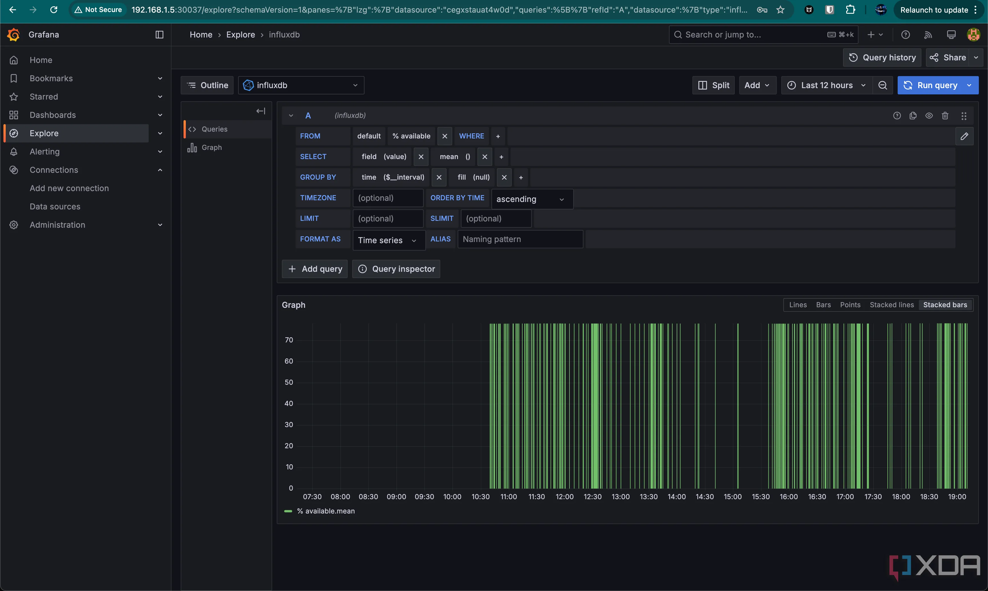 Giao diện Query Builder của Grafana, giúp người dùng dễ dàng xây dựng truy vấn InfluxQL để trực quan hóa dữ liệu giám sát nhà thông minh.