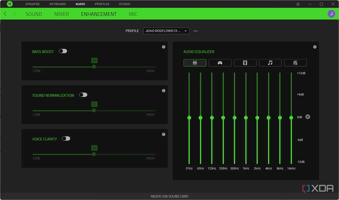 Giao diện Razer Synapse với các tùy chỉnh equalizer và nâng cao tai nghe, minh họa phần mềm đồng hành của thiết bị không dây