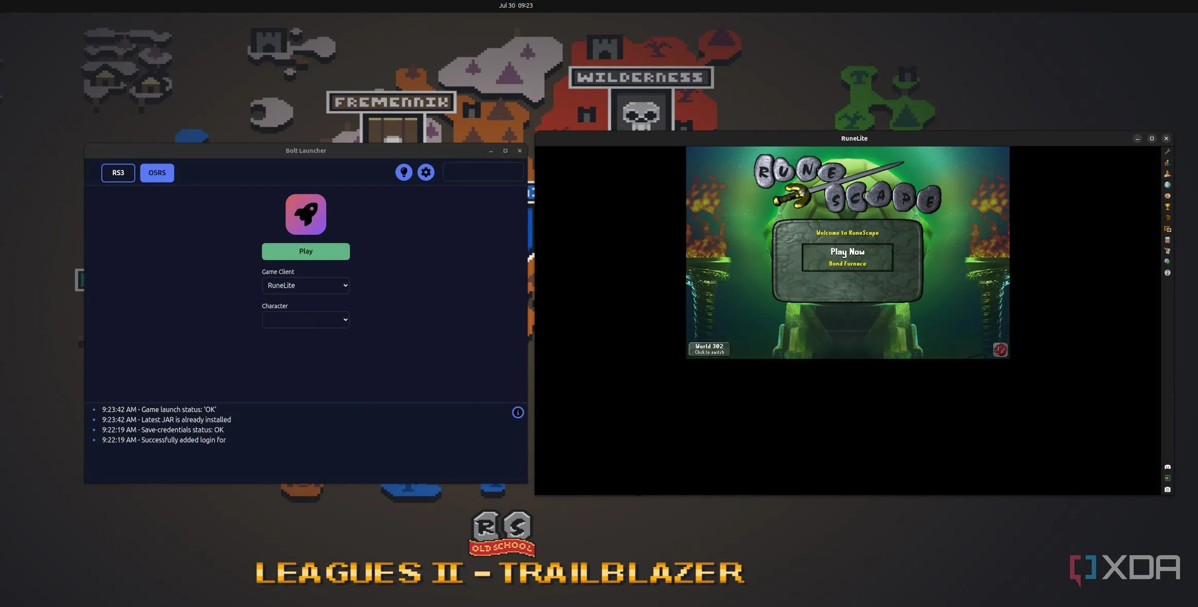 Giao diện RuneLite client đang chạy trên hệ điều hành Linux Ubuntu, hiển thị cửa sổ game OldSchool RuneScape và launcher Jagex.