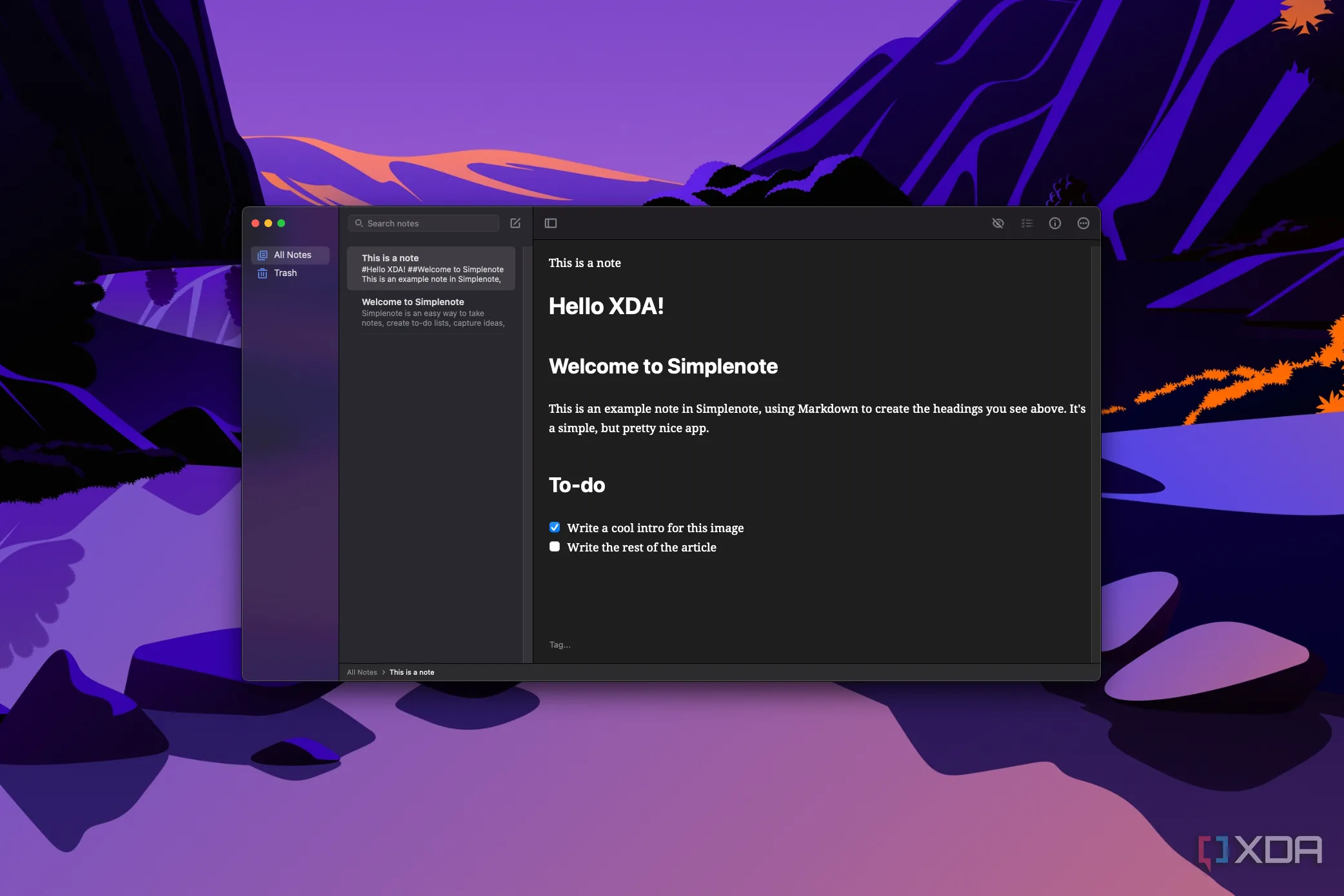 Giao diện Simplenote trên máy Mac với các ghi chú đơn giản