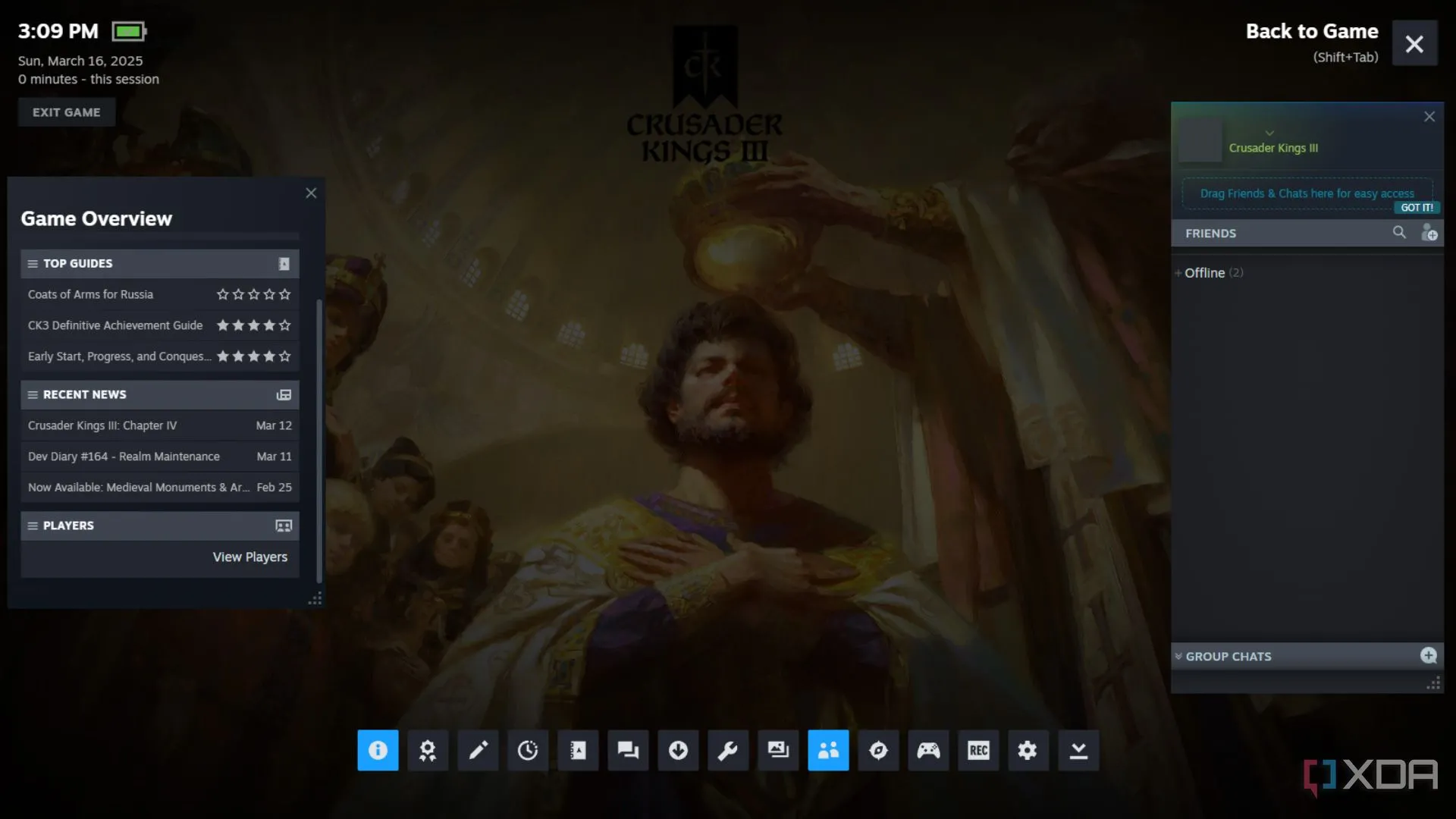 Giao diện Steam Overlay bật lên trên màn hình tải game Crusader Kings 3.