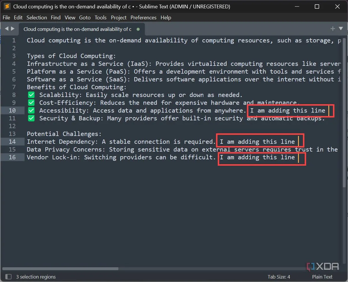 Giao diện Sublime Text minh họa tính năng chỉnh sửa đa dòng hiệu quả, cho phép người dùng thao tác đồng thời trên nhiều dòng văn bản để tối ưu hóa việc ghi chú và lập trình.