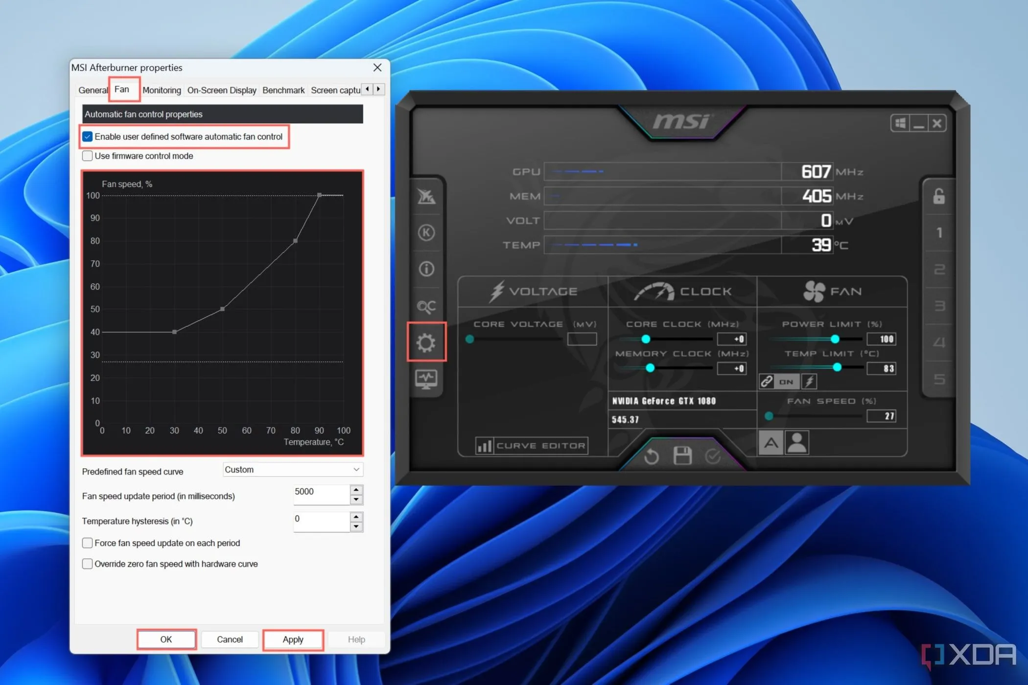 Giao diện tab &quot;Fan&quot; trong phần mềm MSI Afterburner, cho phép điều chỉnh đường cong quạt GPU.