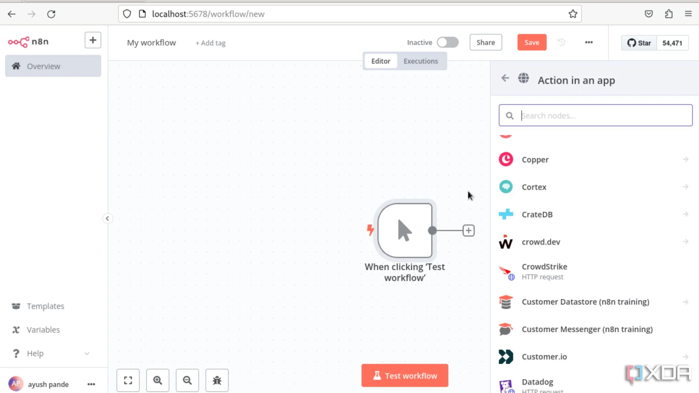 Giao diện tạo quy trình làm việc thử nghiệm trong n8n, với các node được kết nối trực quan để tự động hóa tác vụ không cần lập trình.