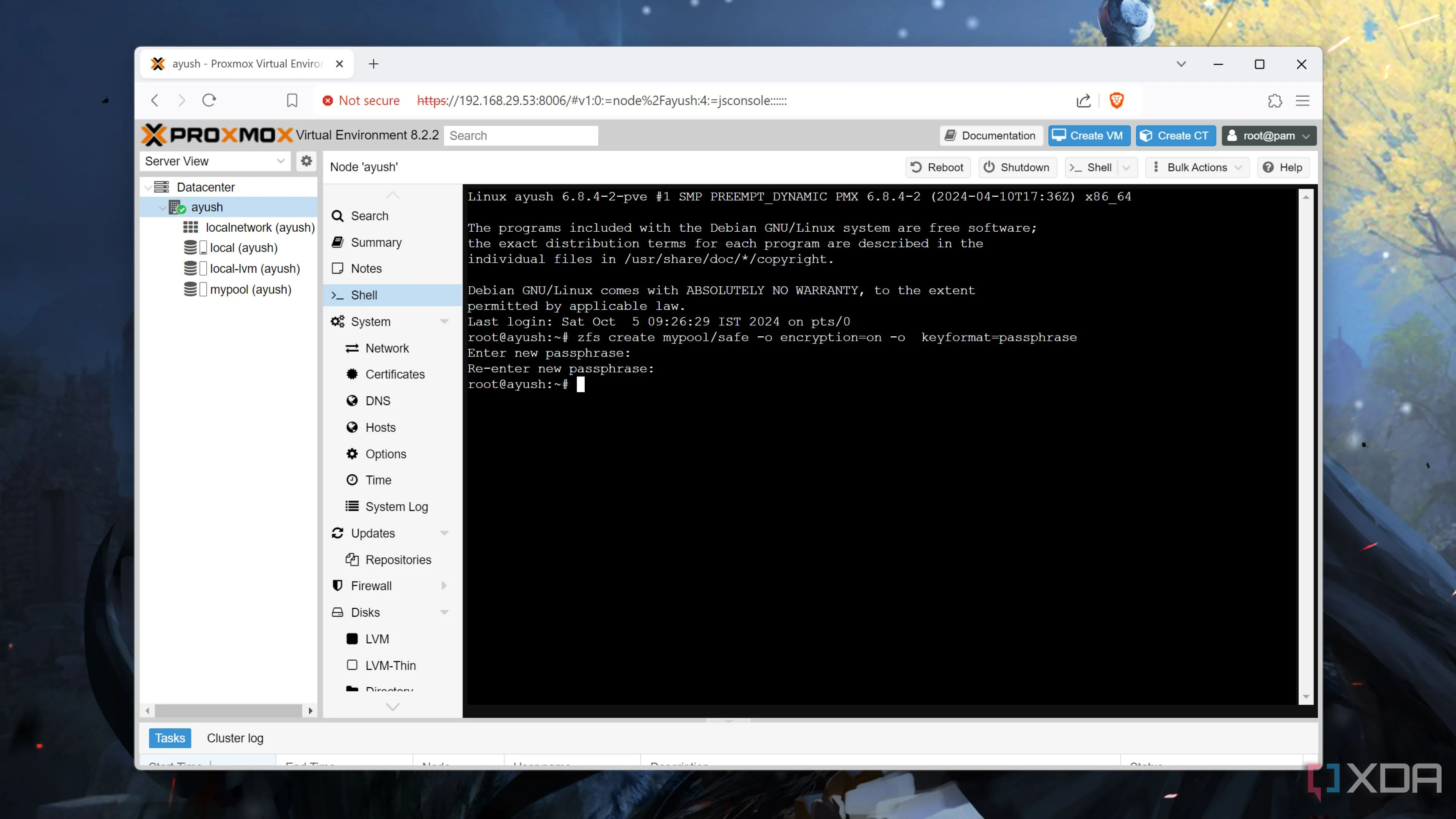 Giao diện terminal hiển thị lệnh mã hóa pool ZFS trên Proxmox
