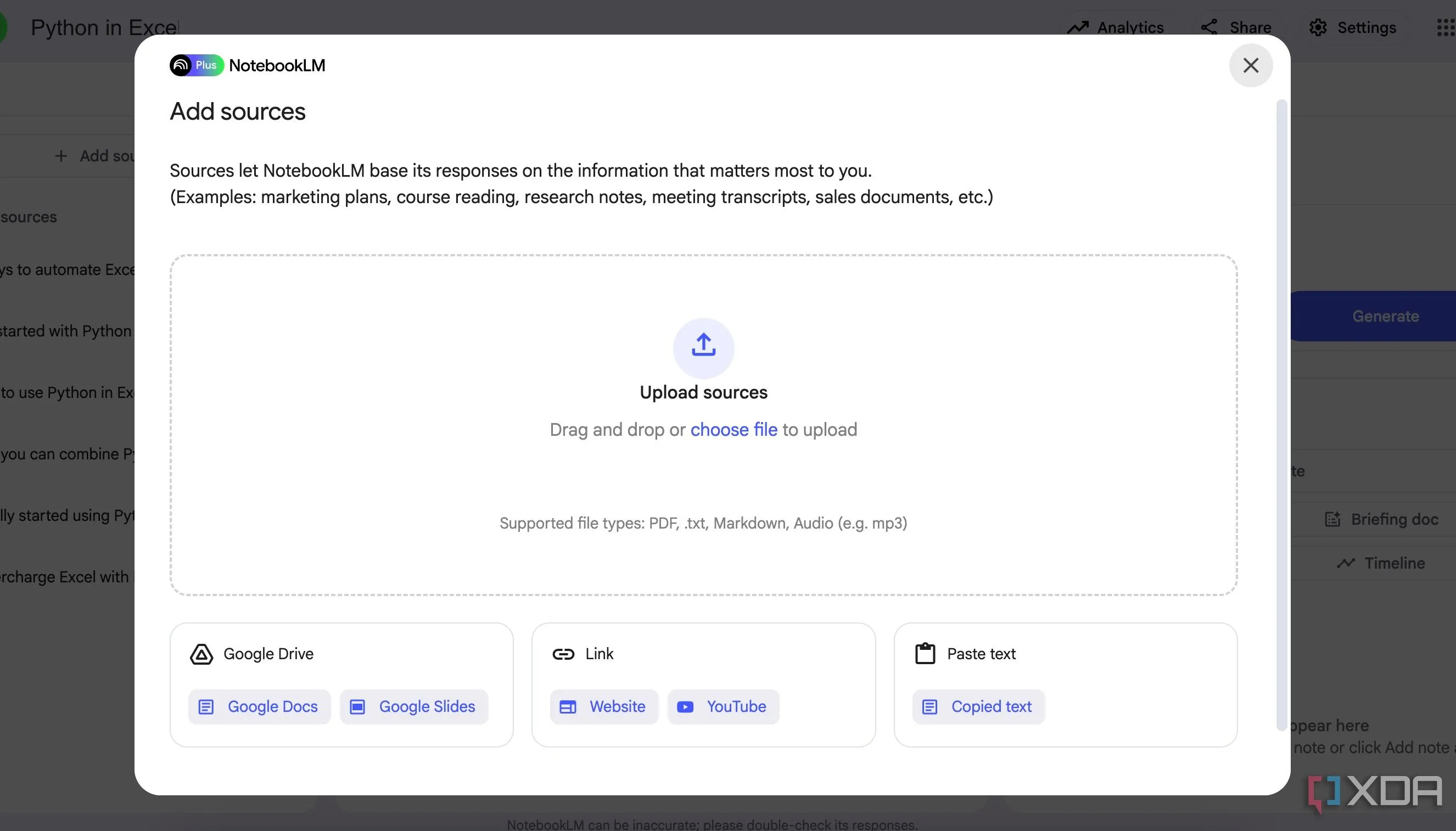 Giao diện thêm nguồn tài liệu vào NotebookLM để phân tích AI