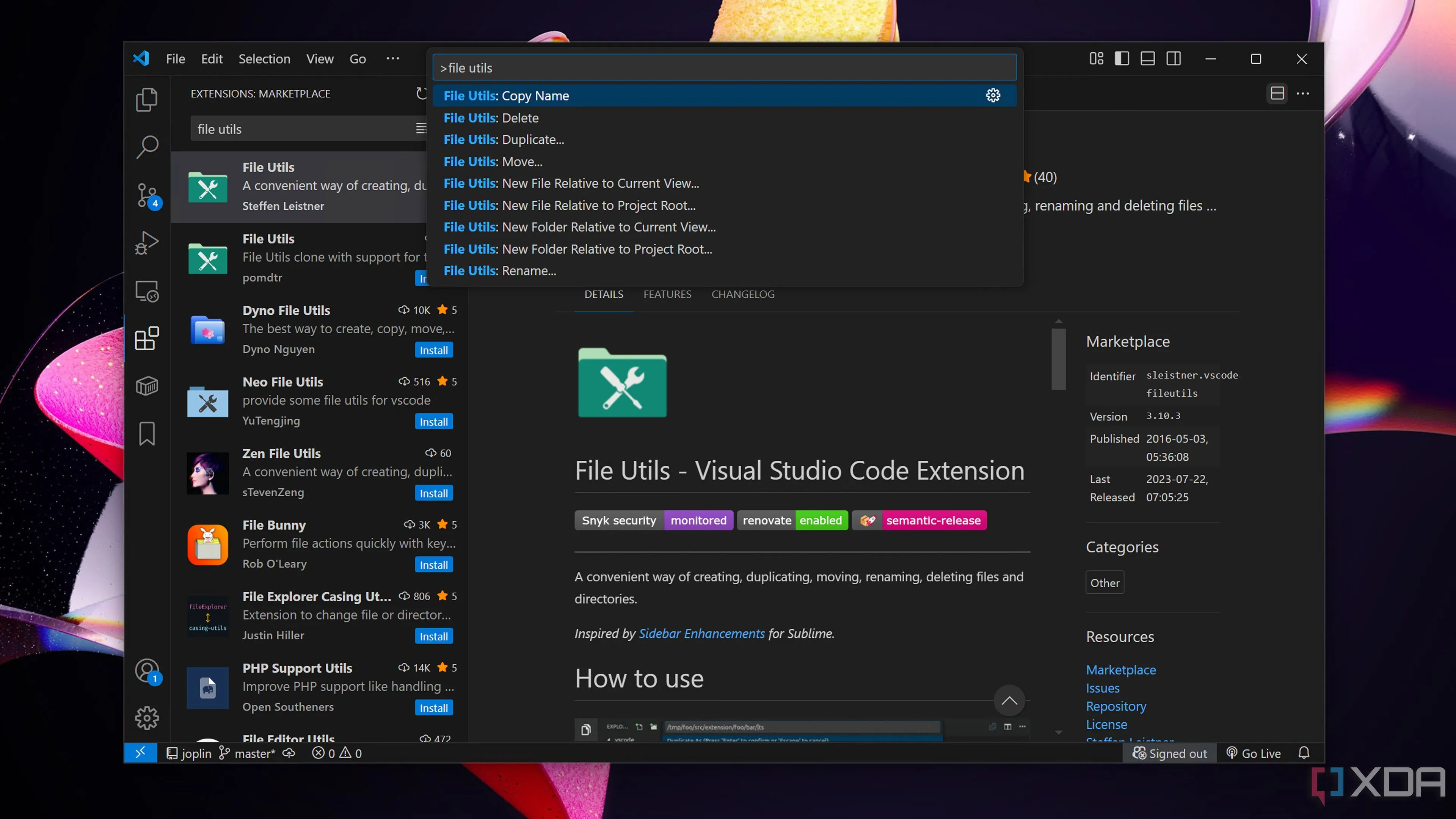 Giao diện tiện ích File Utils hỗ trợ quản lý tệp tin trong VS Code