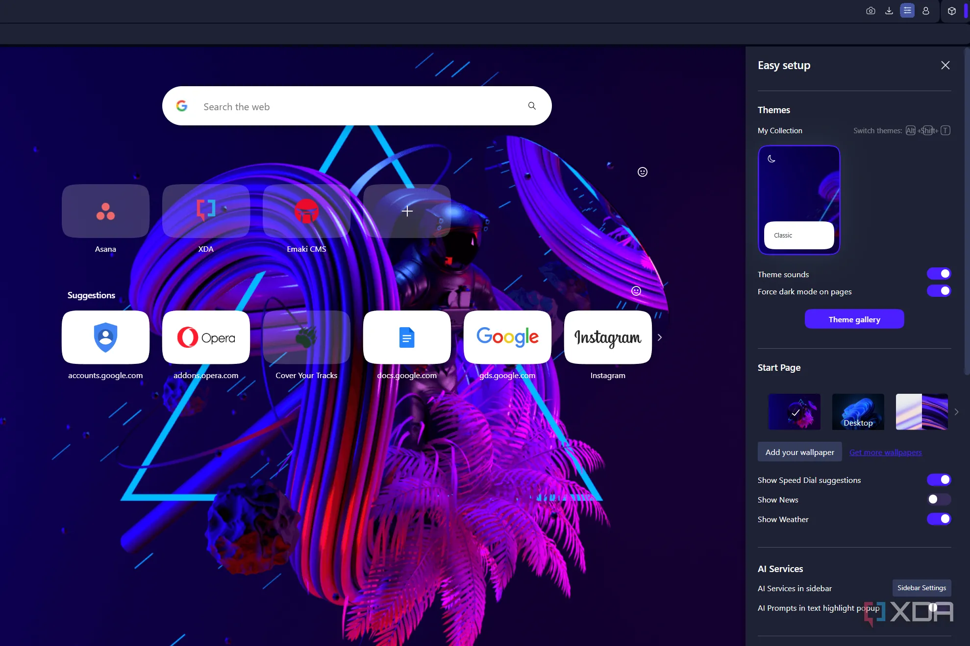 Giao diện tính năng Easy Setup trong trình duyệt Opera
