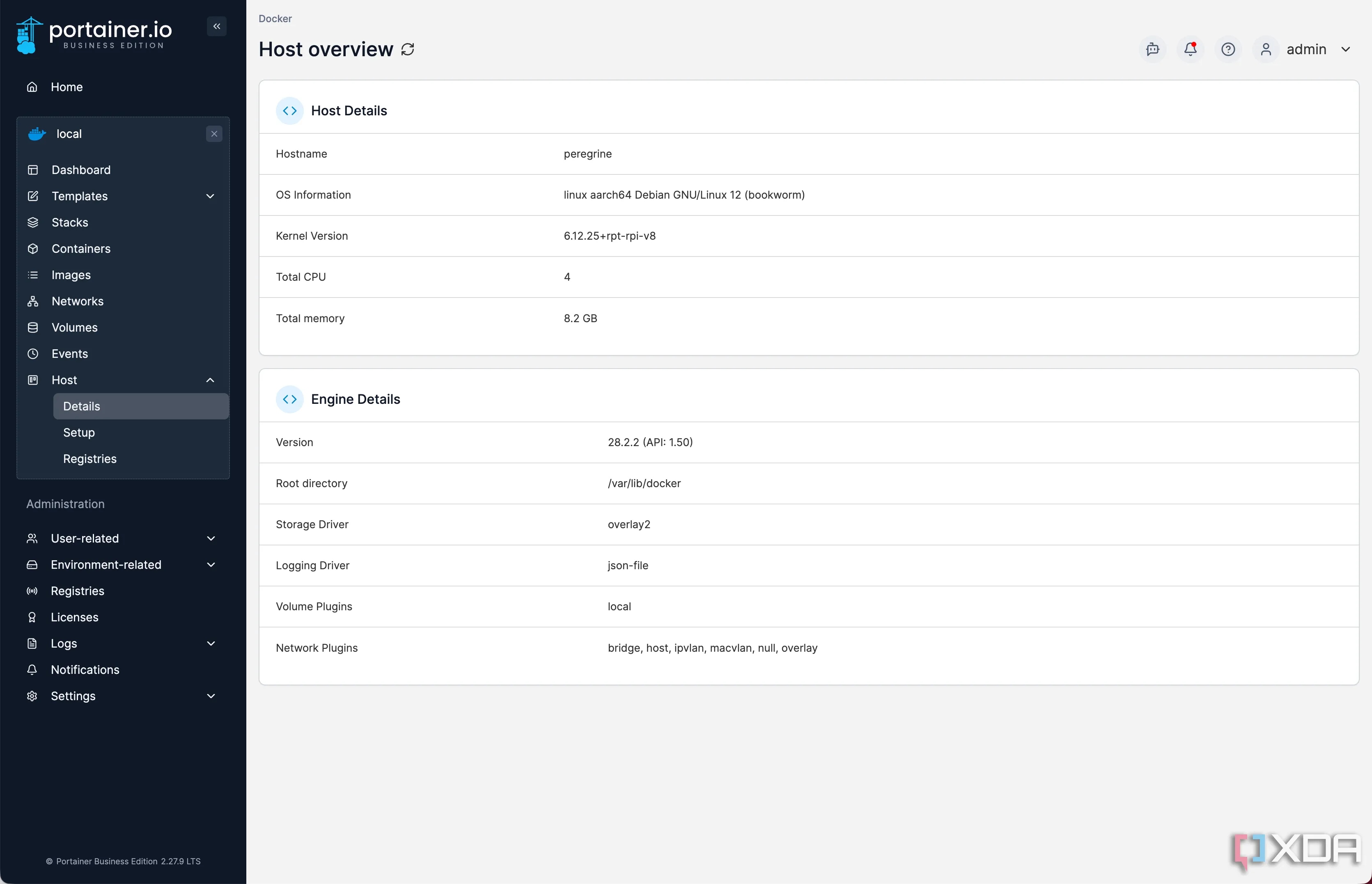 Giao diện tổng quan Portainer hiển thị trạng thái của Docker host, bao gồm thông tin CPU, RAM và số lượng container đang chạy.