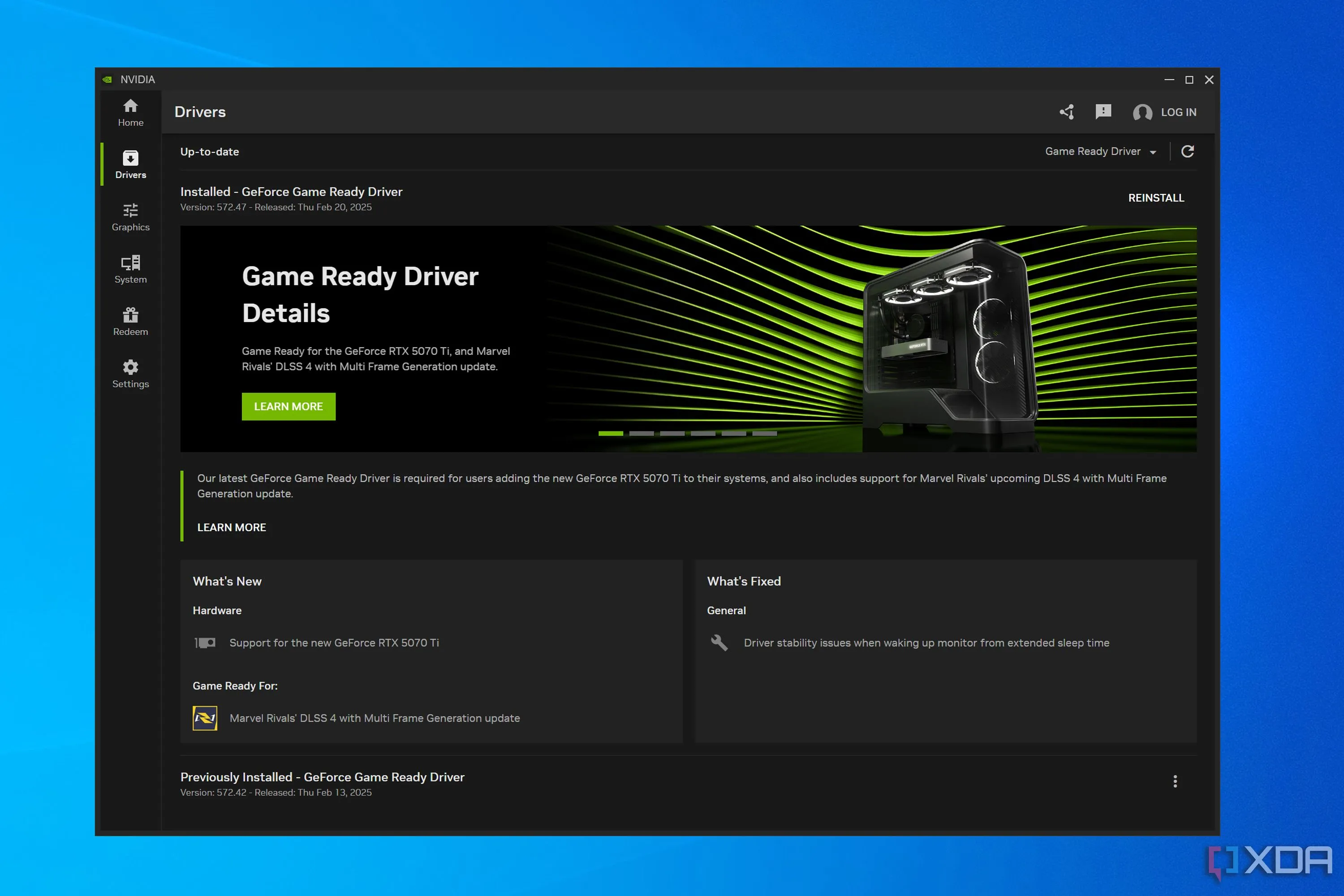 Giao diện trang cập nhật driver trong ứng dụng NVIDIA App, hiển thị các tùy chọn driver Game Ready và Studio Driver.