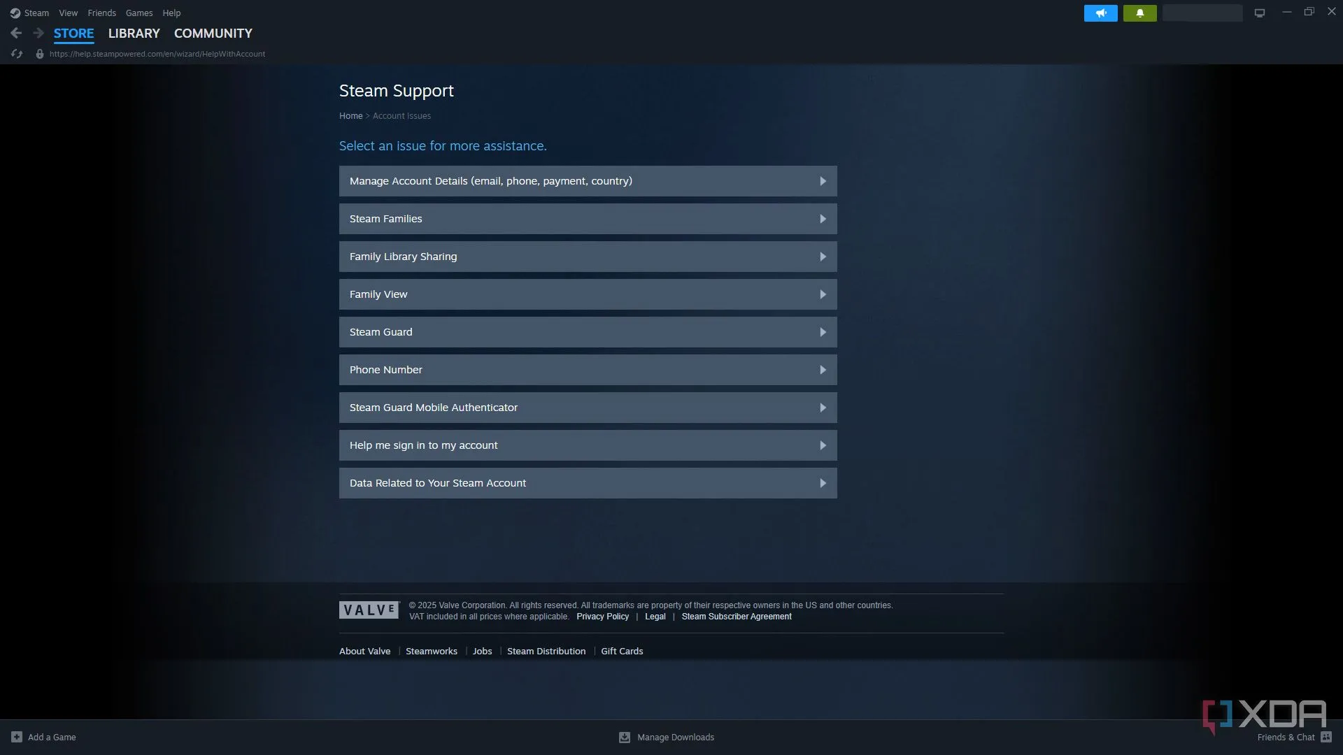 Giao diện trang hỗ trợ khách hàng của Steam, hiển thị nhiều tùy chọn hỗ trợ.
