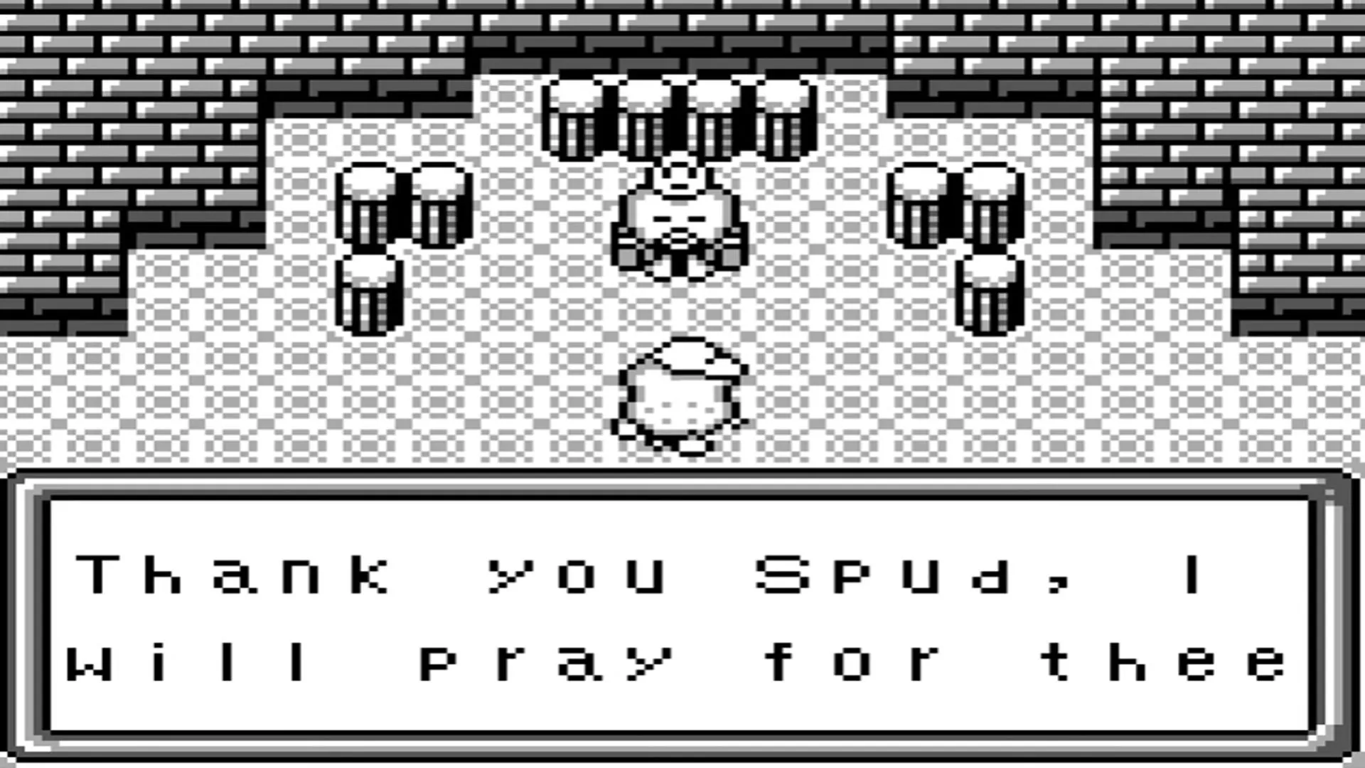 Giao diện trò chơi Spud's Adventure trên Game Boy, hiển thị nhân vật chính Spud trong cuộc phiêu lưu từ trên xuống