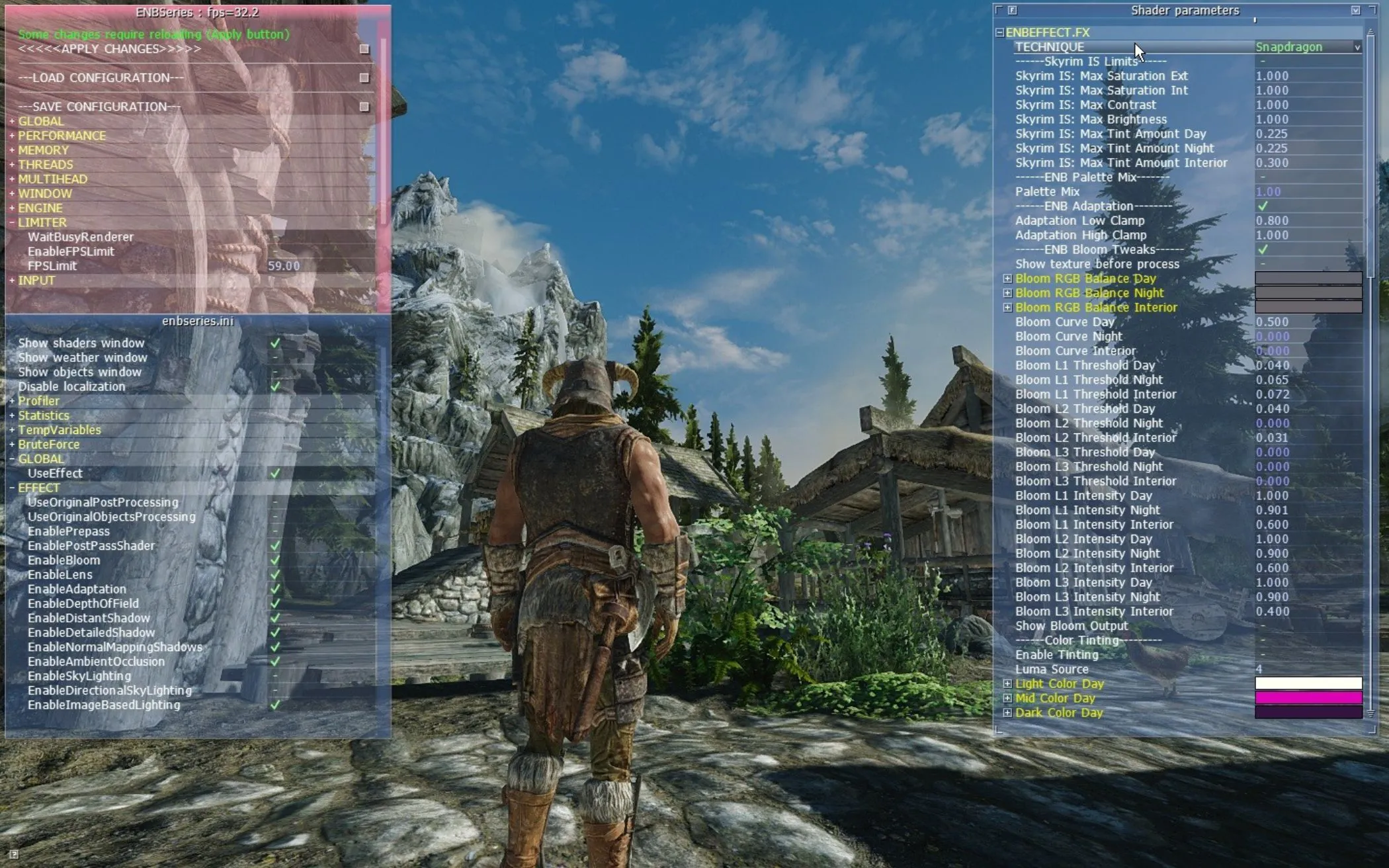Giao diện tùy chỉnh ENBSeries trong Skyrim, cho phép người dùng tinh chỉnh đồ họa và hiệu ứng hậu kỳ