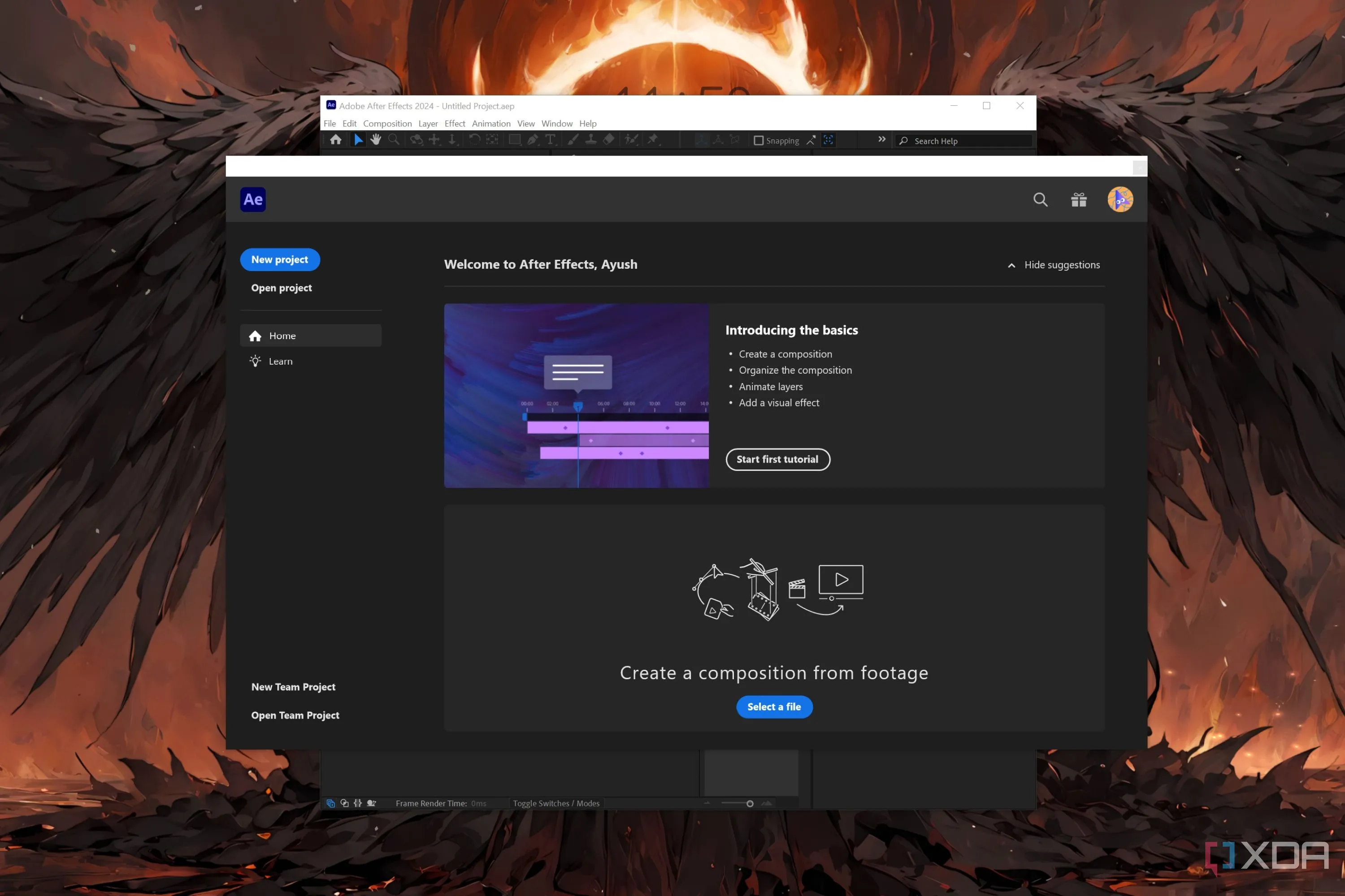 Giao diện ứng dụng Adobe After Effects với các khung hình và hiệu ứng đồ họa chuyển động 2D
