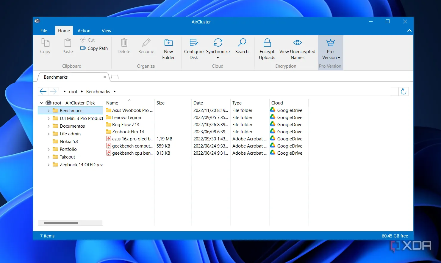 Giao diện ứng dụng Aircluster với các tệp Google Drive được đồng bộ hóa và truy cập dễ dàng