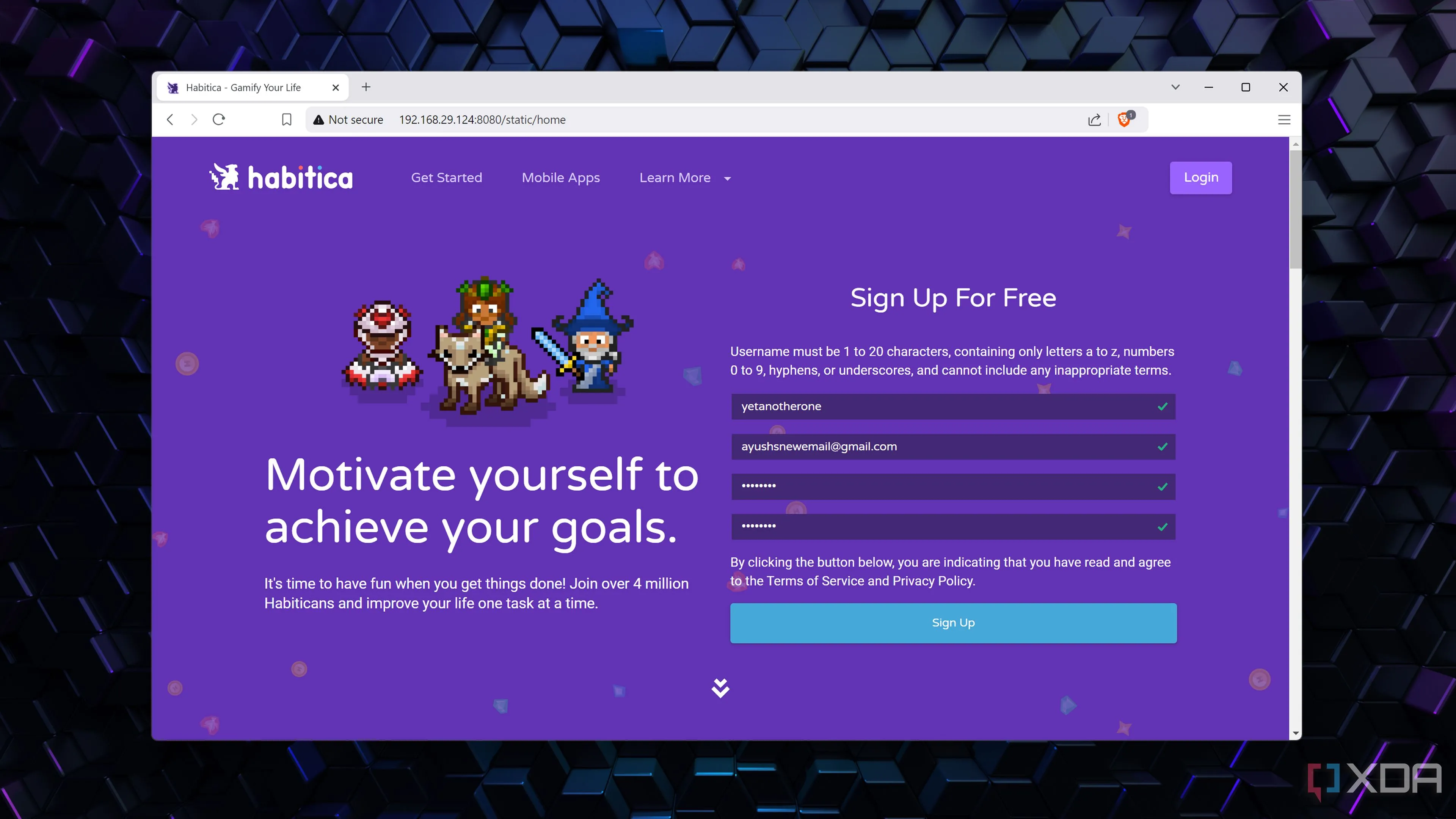 Giao diện ứng dụng Habitica được tự host, với các nhiệm vụ gamification