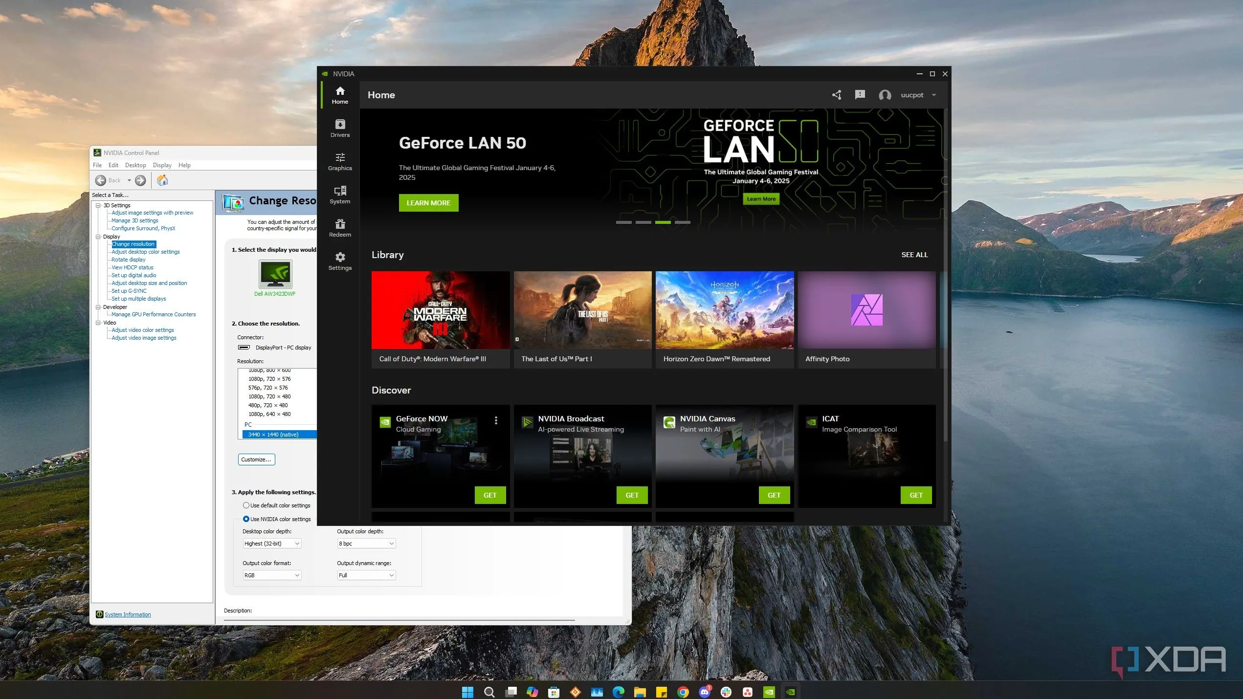 Giao diện ứng dụng Nvidia và Control Panel hiển thị các tùy chọn cài đặt