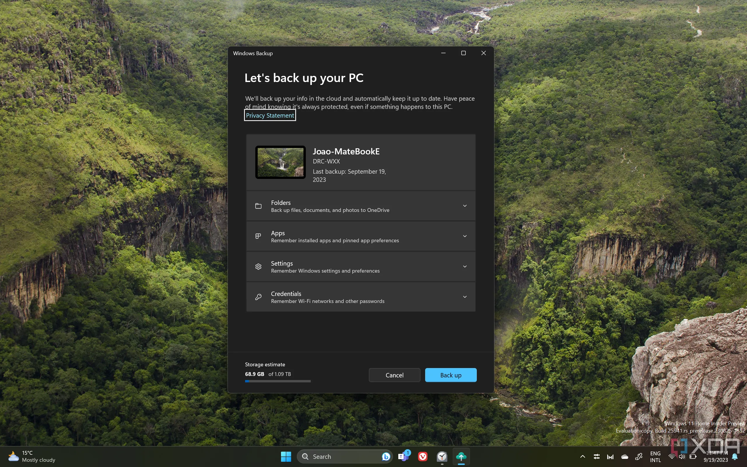 Giao diện ứng dụng Windows Backup trên Windows 11, giải pháp sao lưu dữ liệu tích hợp.