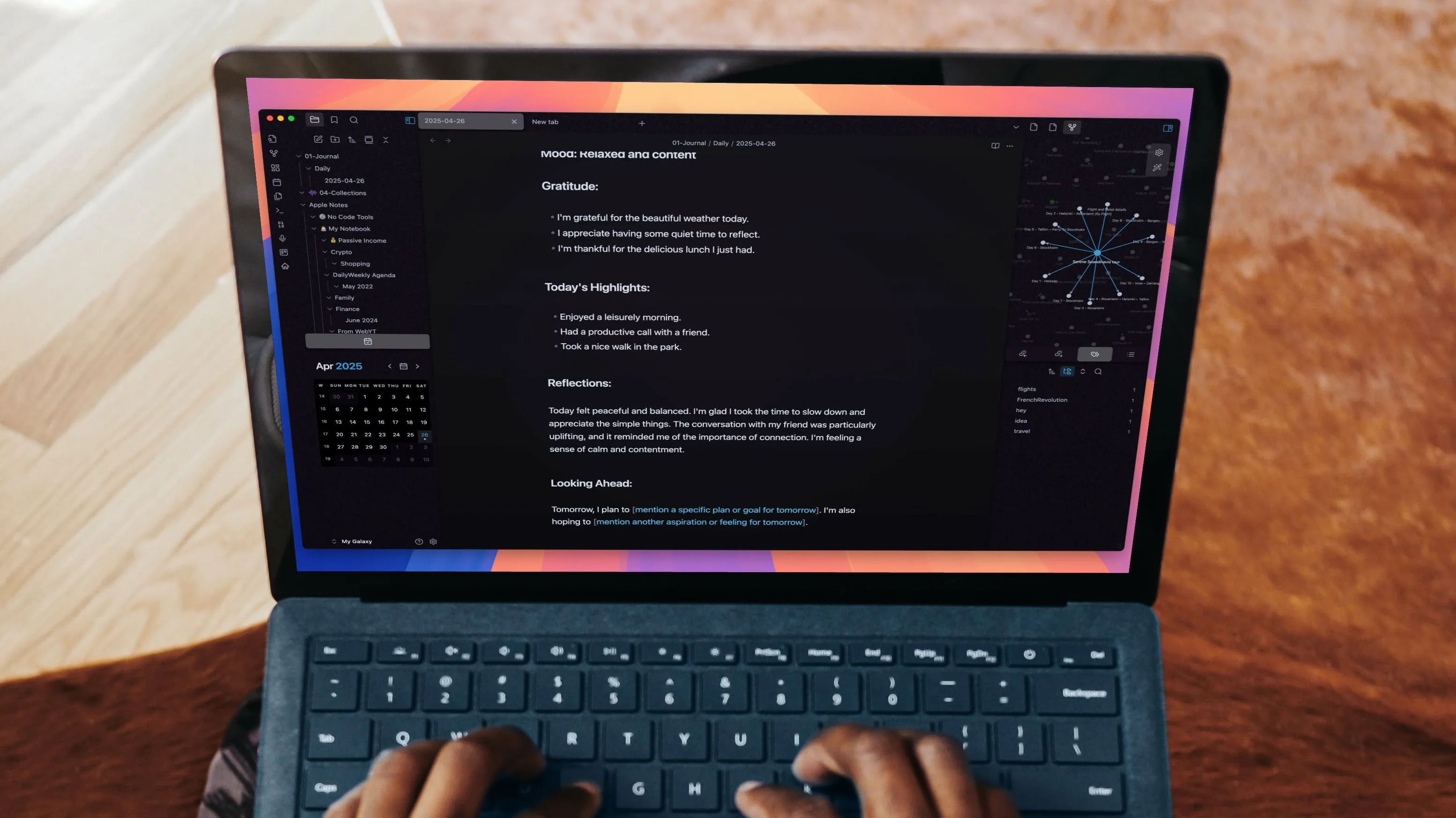 Giao diện vault Obsidian trên laptop thể hiện khả năng tùy biến và tổ chức thông tin hiệu quả