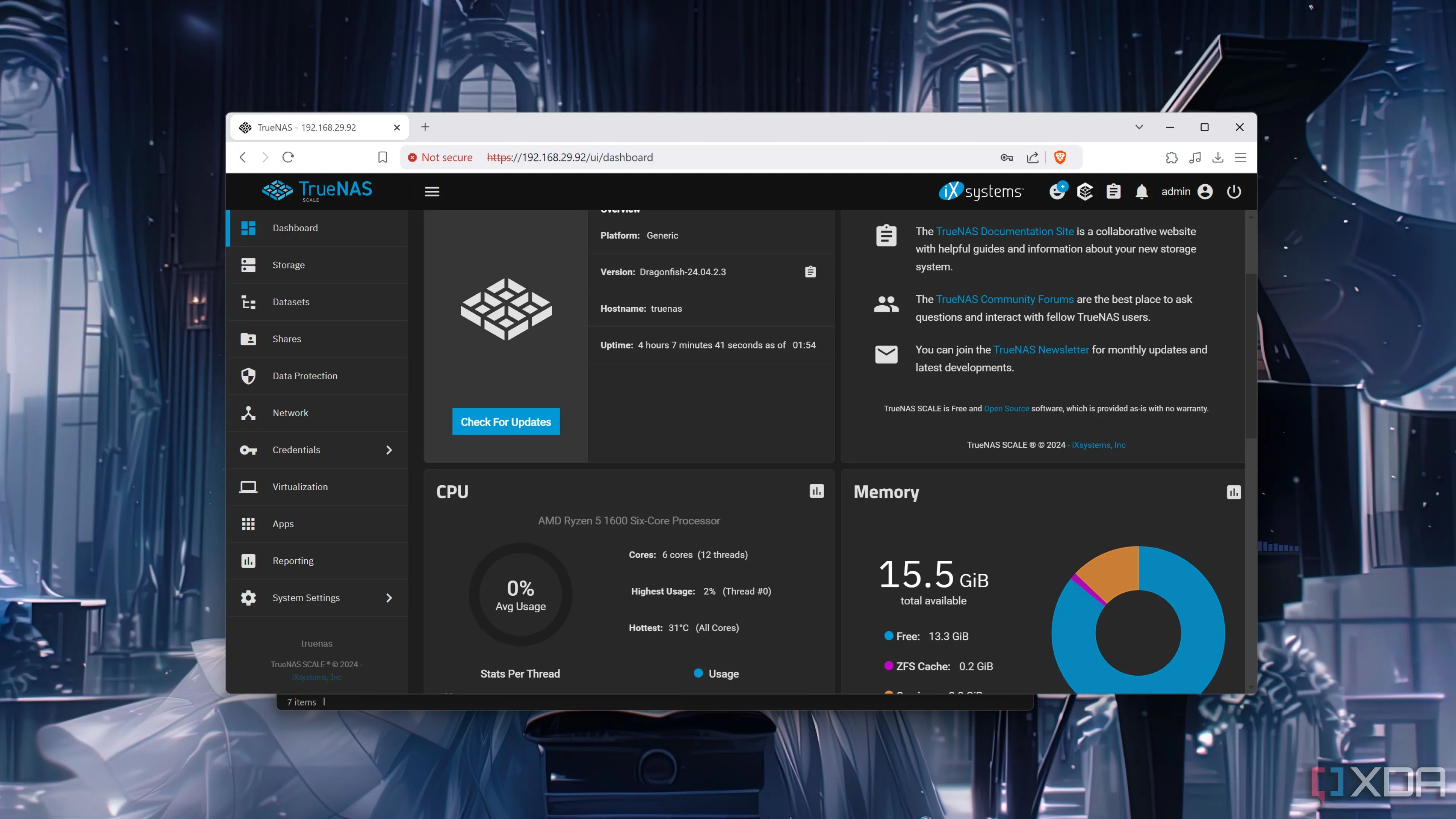 Giao diện web TrueNAS Scale đang chạy trên trình duyệt Brave, minh họa hệ thống NAS