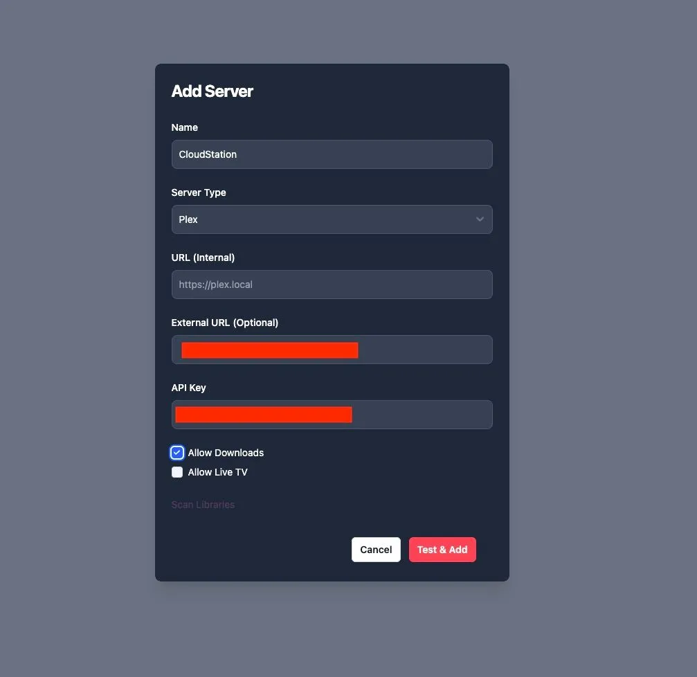 Giao diện Wizarr thêm một server Plex mới, hiển thị các bước cấu hình