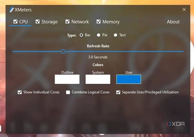 Giao diện XMeters hiển thị thông số CPU, RAM, mạng trên thanh tác vụ Windows, giúp theo dõi hiệu năng hệ thống