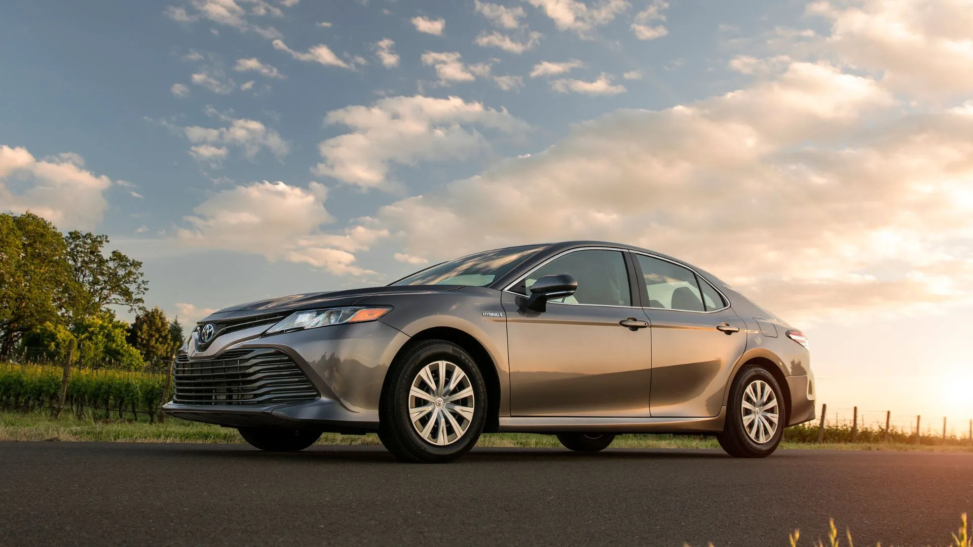 Góc 3/4 phía trước của một chiếc Toyota Camry LE Hybrid 2020 màu xám với cây cối và cánh đồng ở phía sau