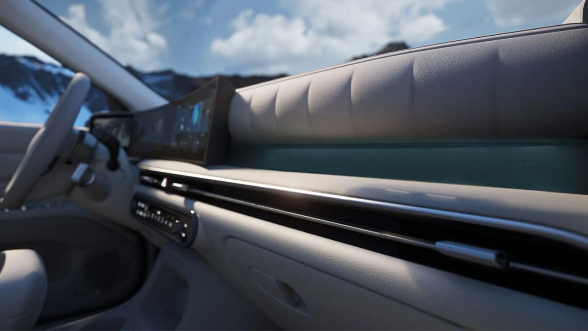 Góc cận cảnh bảng điều khiển thông minh của Hyundai NEXO 2025, hiển thị hệ thống thông tin giải trí và lái xe.