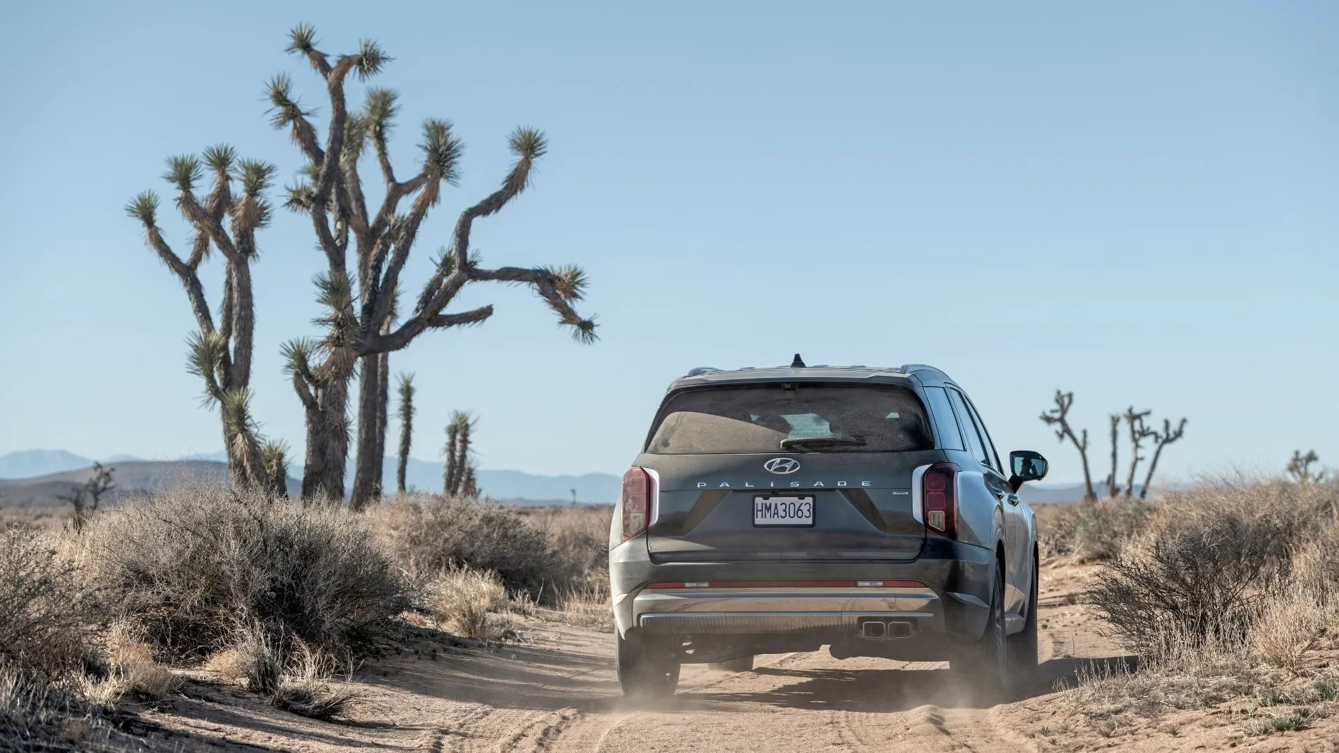 Góc nhìn phía sau của Hyundai Palisade 2025 màu xám đang vượt địa hình trong sa mạc.