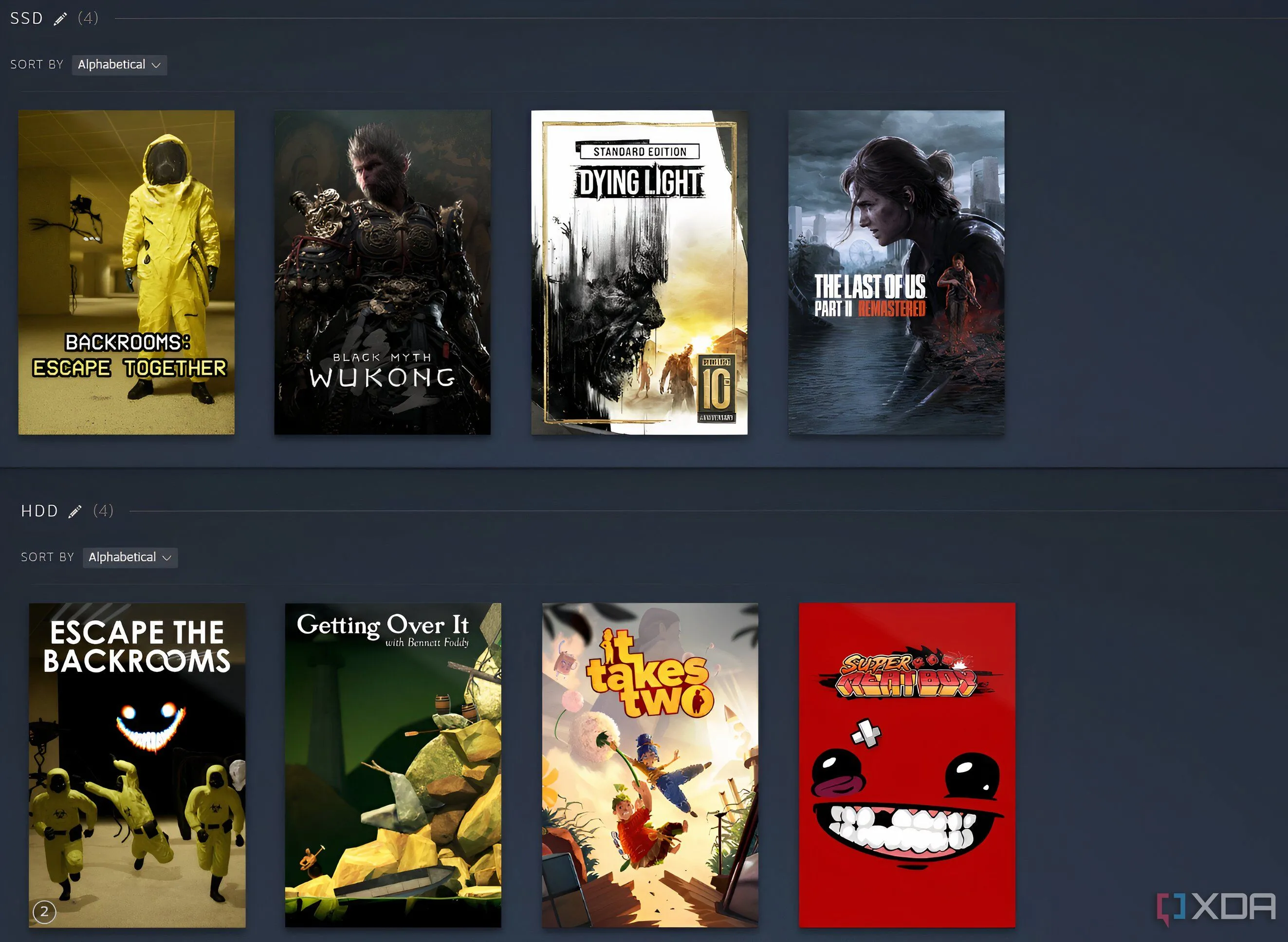 Hai bộ sưu tập game riêng biệt trên Steam, một cho SSD và một cho HDD