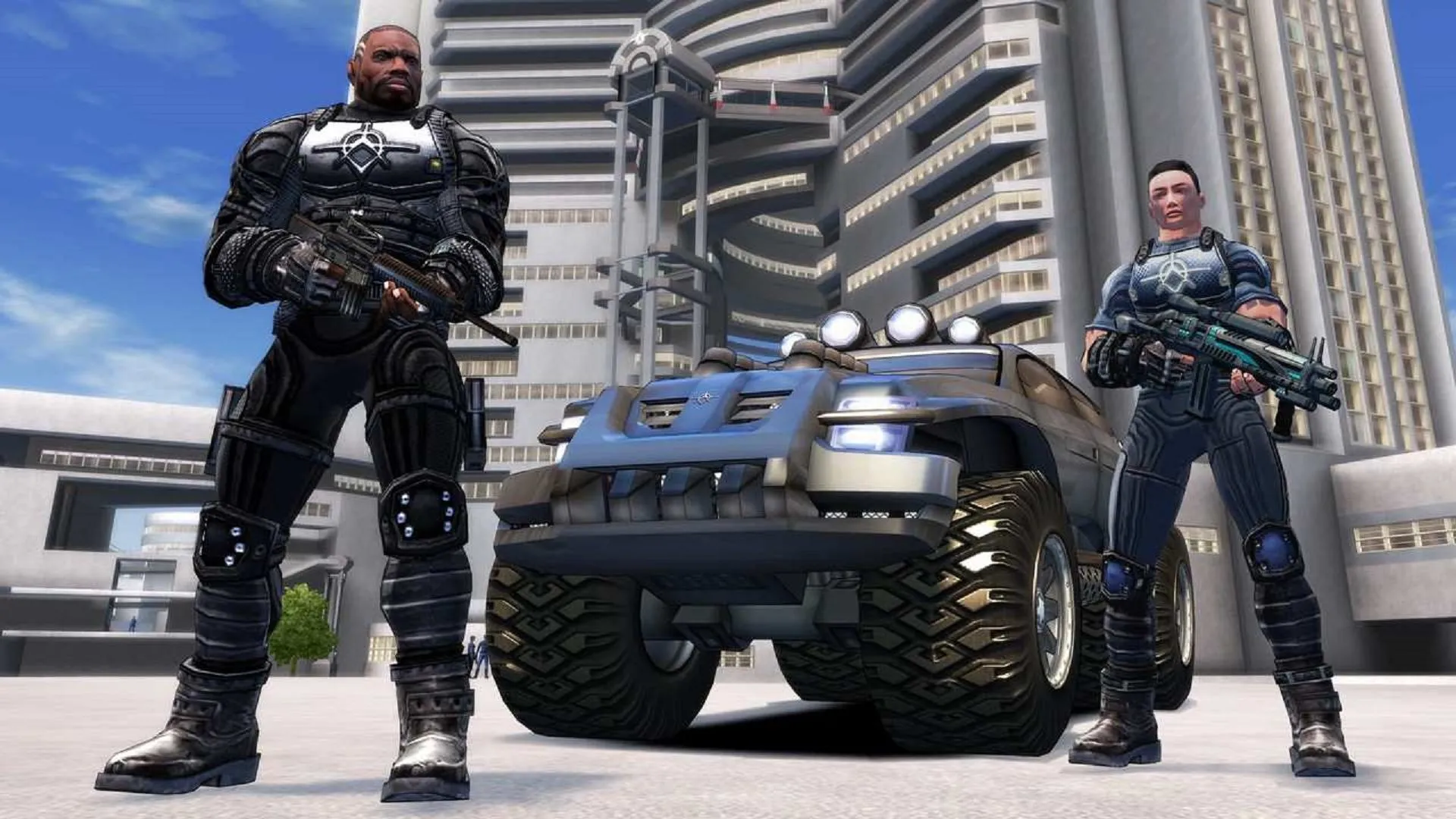 Hai đặc vụ trong trang phục màu xanh đứng cạnh xe tải trong thế giới mở của game Crackdown, thu thập Orb để tăng sức mạnh.